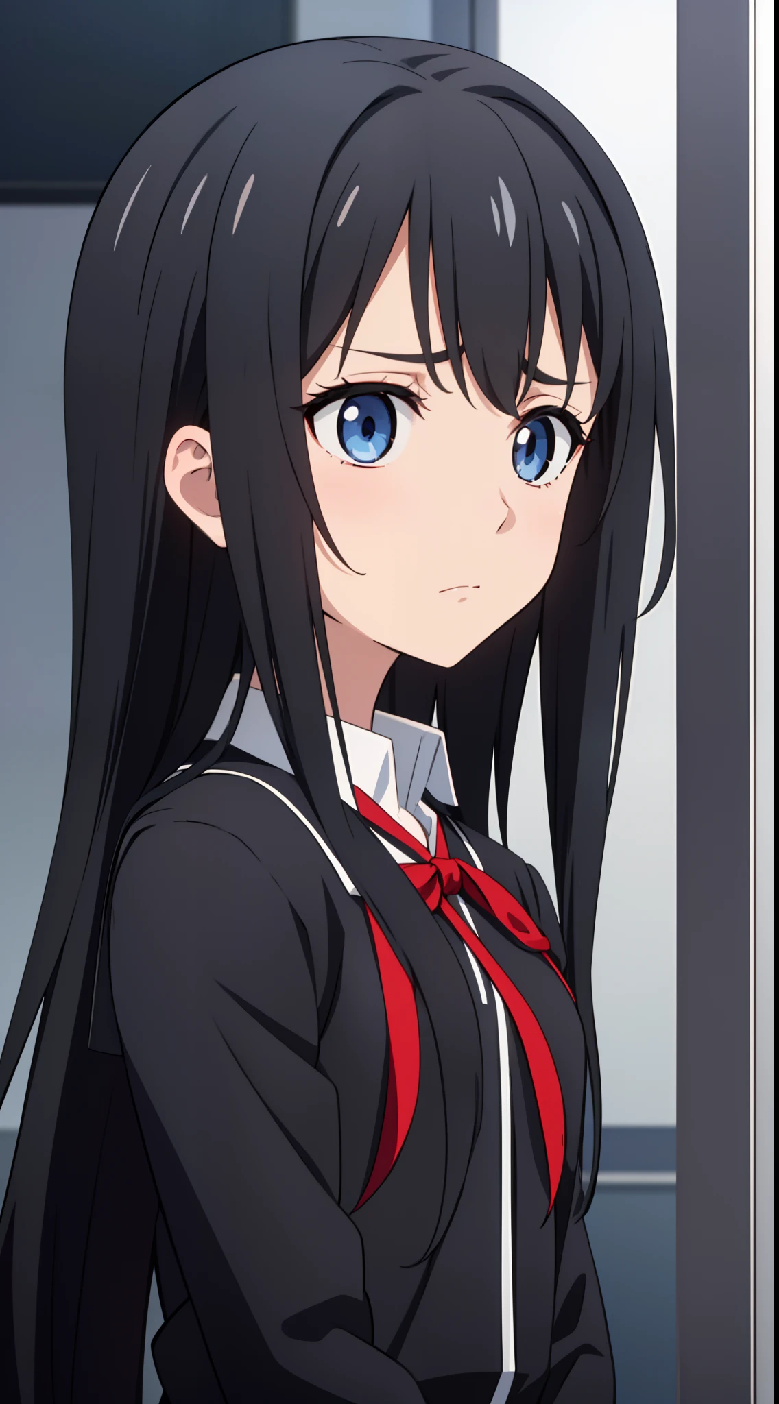 anime girl with long black hair and blue eyes in a school uniform, very detailed face, spiky black hair, bashful, she's sad, ultra detail, hight quality, best quality