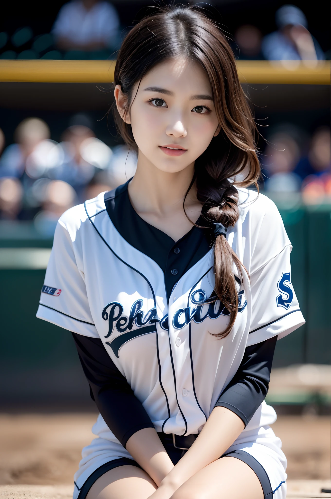 (8K, RAW photogr, top-quality, tmasterpiece: 1.2), tmasterpiece, super detailing, Ultra-high resolution A, (realistic and realistic photos: 1.37), High Definition RAW Color Photography, Very delicate and beautiful., Ighly details, 8K wallpaper, astounding, The details, very detail eyes, highlydetailed skin, Extremely detailed fingers, Extremely detailed nose, highly detail mouth, perfect anatomia,1girll, (Baseball uniforms), Hazy, The background is blurred out, Blurred foreground, Blush, Braid, chest muscle, depth of fields, Eyebrows visible through hair, fry, hair between eye, baseball stadium, jewely, Look up at the viewer, Short hair, Sitting, Solo, tits huge、乃木坂アイドル、韓国アイドル、hposing Gravure Idol、pornstar、18yr old、Tall、韓国アイドル、乃木坂アイドル、pornstar、hposing Gravure Idol、((s whole body)), ((Gravure pose)), ((Saxifrage pose))