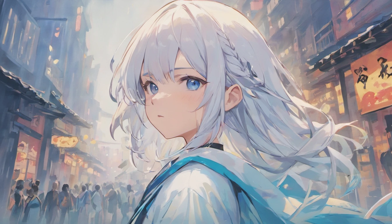 Excellent, masterpiece, white hair, blue eyes, white clothes, upper body, hair, fair skin, side braids, best quality, ((samuraipunk, streetwear)), artstation, muted colors, dystopian background, (art style of makoto shinkai)