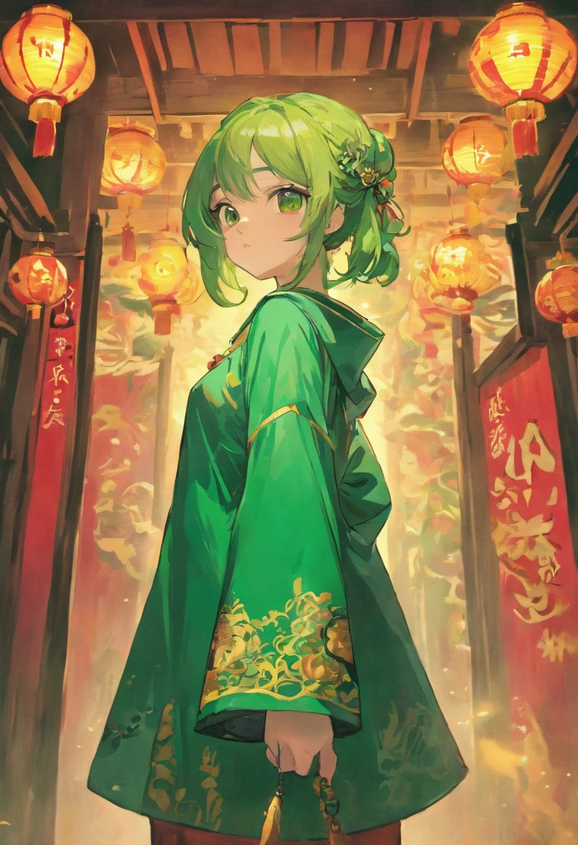 A cartoon illustration of a girl in a Green Chinese style Hu clothing over art by mrs becca doodlefly, in the style of grunge beauty, sandara tang, mixed patterns, text and emoji installations, close up, charming character illustrations, folkloric --s 400