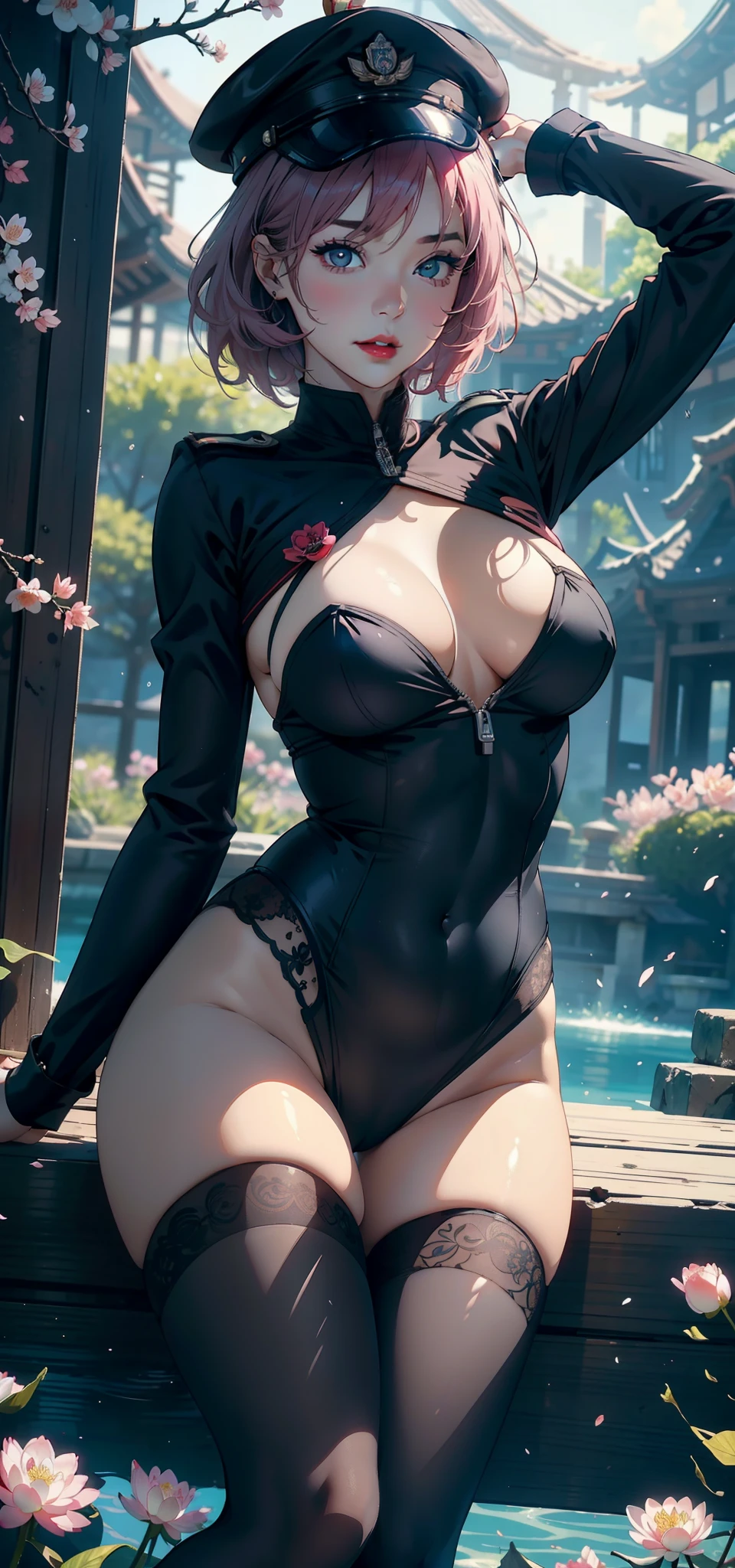 1female,45 yers old,Married Woman,熟妇,plumw,extremely large bosom, 独奏,(Background with:ponds,Cherry blossom forest,lotus flower)Lie underwater, She has short pink hair,seen from the front,, mostly cloudy sky,(((tmasterpiece),(Very detailed CG unity 8K wallpaper),best qualtiy,cinmatic lighting,detailed back ground,beatiful detailed eyes,Bright pupils,Black eyes,Snow-whiteskin,Redlip(Very fine and beautiful),(Beautiful and detailed eye description),ultra - detailed,tmasterpiece,))facing at camera,A high resolution,ultra - detailed),revealing breasts,Bare genitalia, Bulge,legs are open,Raised sexy,Camel toes,Desire for dissatisfaction,frontage,stewardess,military hat(Wearing:,Black tights,)