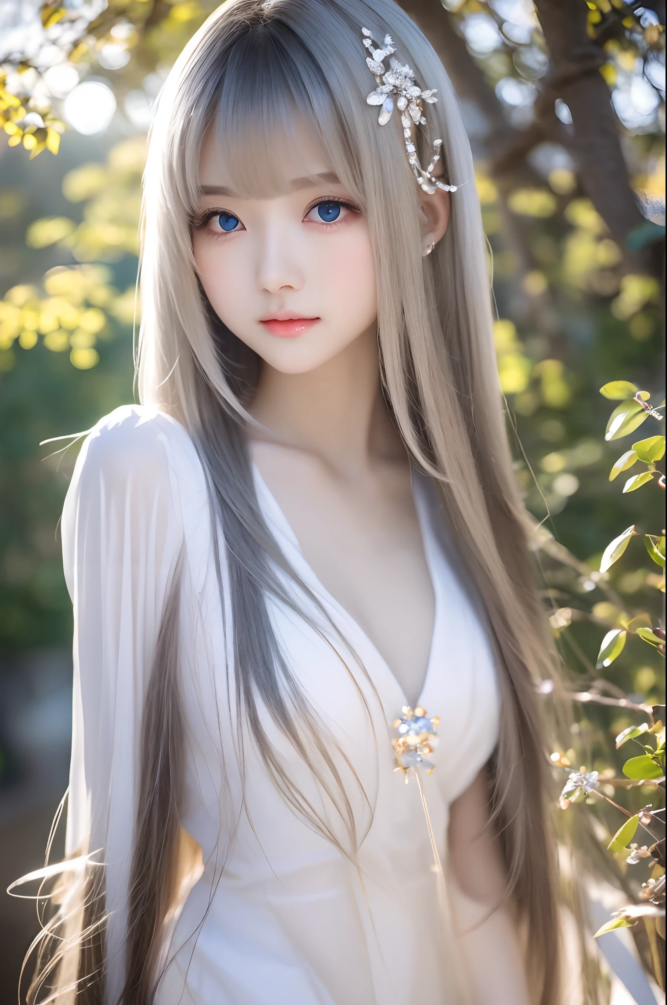 1 girl、student clothes、blue-sky、Bright and very beautiful face、young, shiny white shiny skin、Best Looks、Blonde hair with dazzling reflection of light、Super long silky straight hair with shiny shiny beautiful blonde hair、long bangs、A tremendously beautiful -yeld、Biyes that shine crystal clear light blue、Beautiful lovely beautiful girl