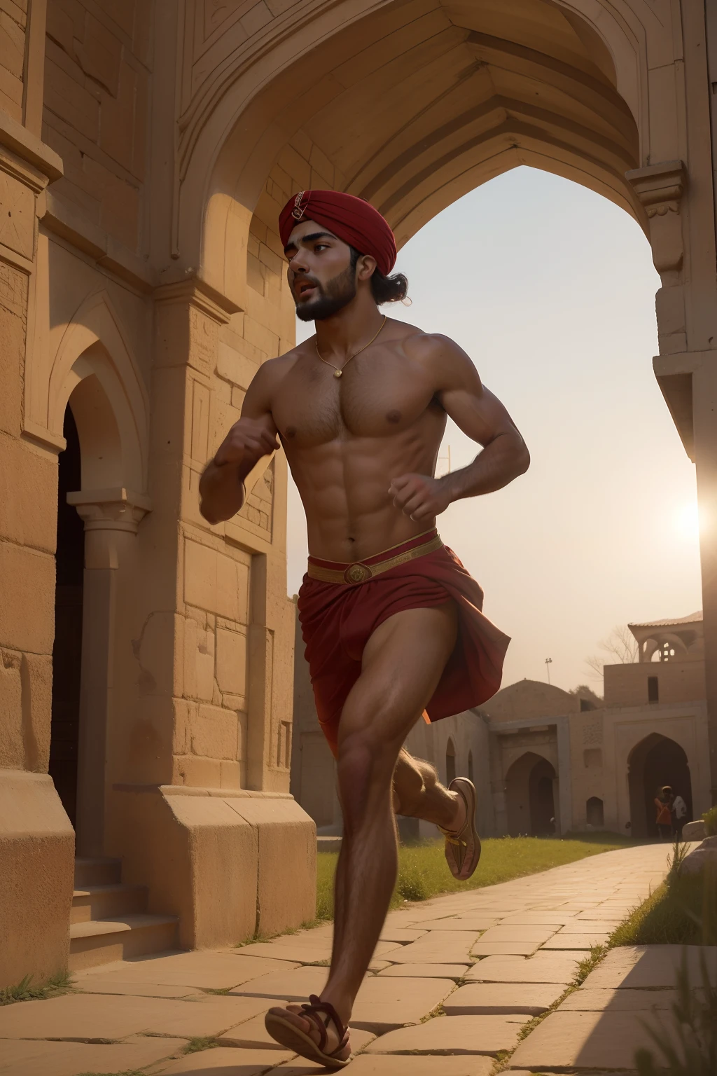 Year: 11th century. Location: Ispahan. Pre-raphaelite scene with a 22-year-old persian man, running in a race, shirtless, ((carcaj)), turban, ((glory and joy)), sunset, ((11th century hairstyle)), (((cinematic style)))