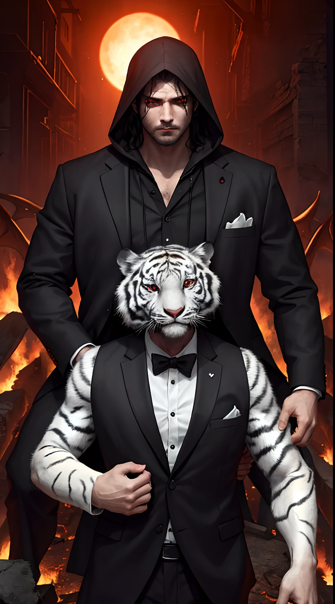 One wears a white tiger hood，Strong man in suit，Travel through the gates of hell in bloody ruins, Red eyes like the sun, The demons, hellish feeling, Dim lighting, twotonelighting