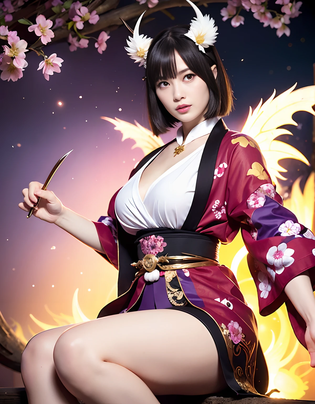 ((White ghost flies)),Professional , ​masterpiece、top-quality、photos realistic , depth of fields 、（Various poses）、(Background of cherry blossoms in full bloom),（Ultimate Beauty）、（A dark-haired）、（Fight ninjas)、Mystical expression、（Kimono with scary pattern）、（Night background）、Precipitous cliffs、（（Devil's Wings Grow））,(Wear a kimono with a floral pattern),Armpit、（Wearing a colorful and beautiful kimono）、Jewel Gold Weapon、Particles of light),（Has a devil's mask）、Gorgeous gold weapons ,Skeleton population、（（ Gorgeous Dragon Sword）） , （a dark night）,,（White ghost flies） 、（（Black Haired Beautiful Girl））、（Castle background）、（demonic wings）、（（Gangle's forest background））、Beautiful Caucasian beauty、１a person、dynamic ungle,(((Two devil's horns on the head)))、Smaller head、Idle Smile、Thin and beautiful female hands、Mystical expression、Light Effects、intense fighting、Wind-effect、magic circles、With the legendary magic wand、Dragon's tail、