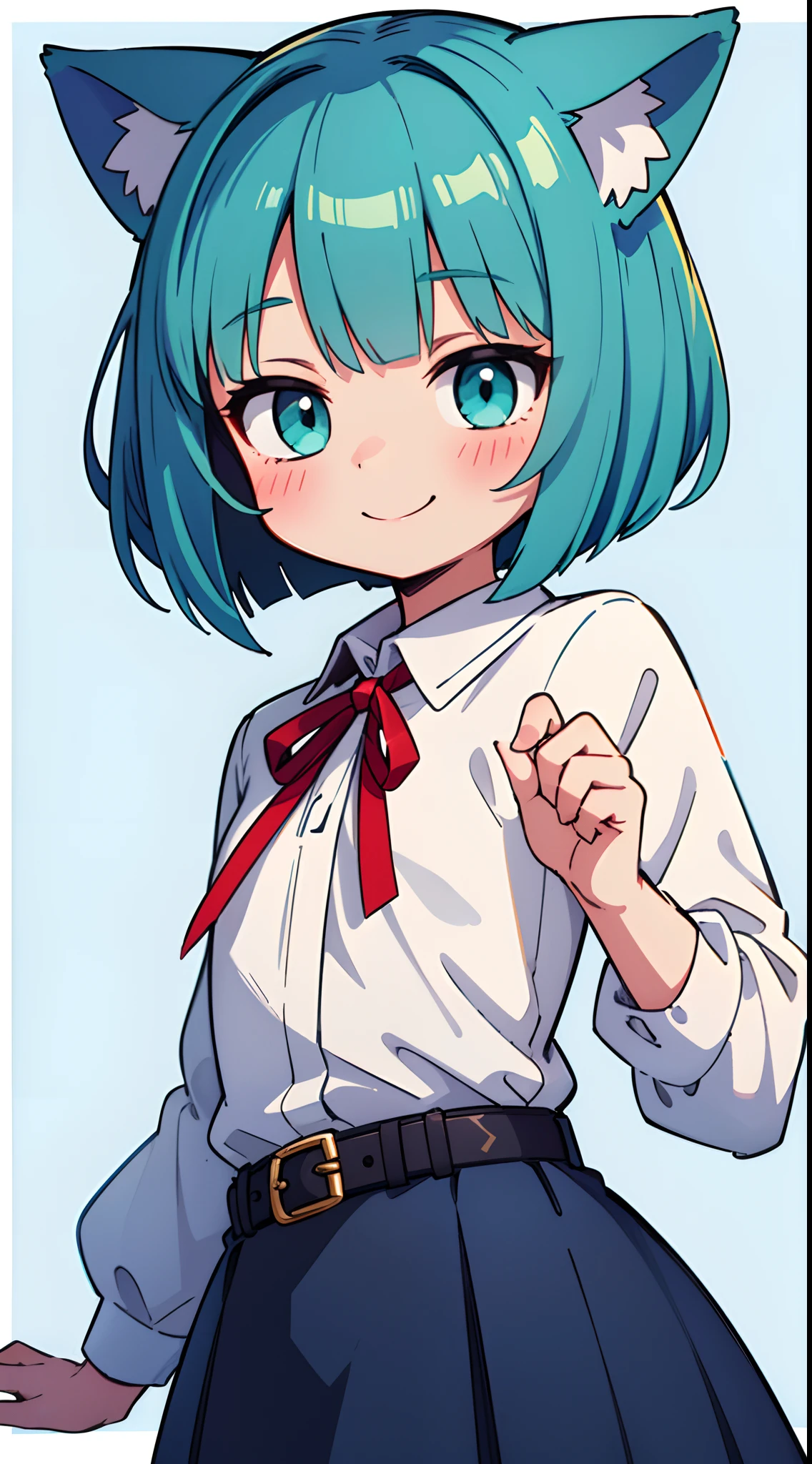portrait of solo ((catgirl)) (), ((short fluffy turquoise hair in a wavy bob-cut)), ((turquoise nekomimi)), flat-chested, smile, from front, (dark blue primaess, red ribbon, white long-sleeved inner blouse, belt), plain light background, masterpiece, (facing forward)