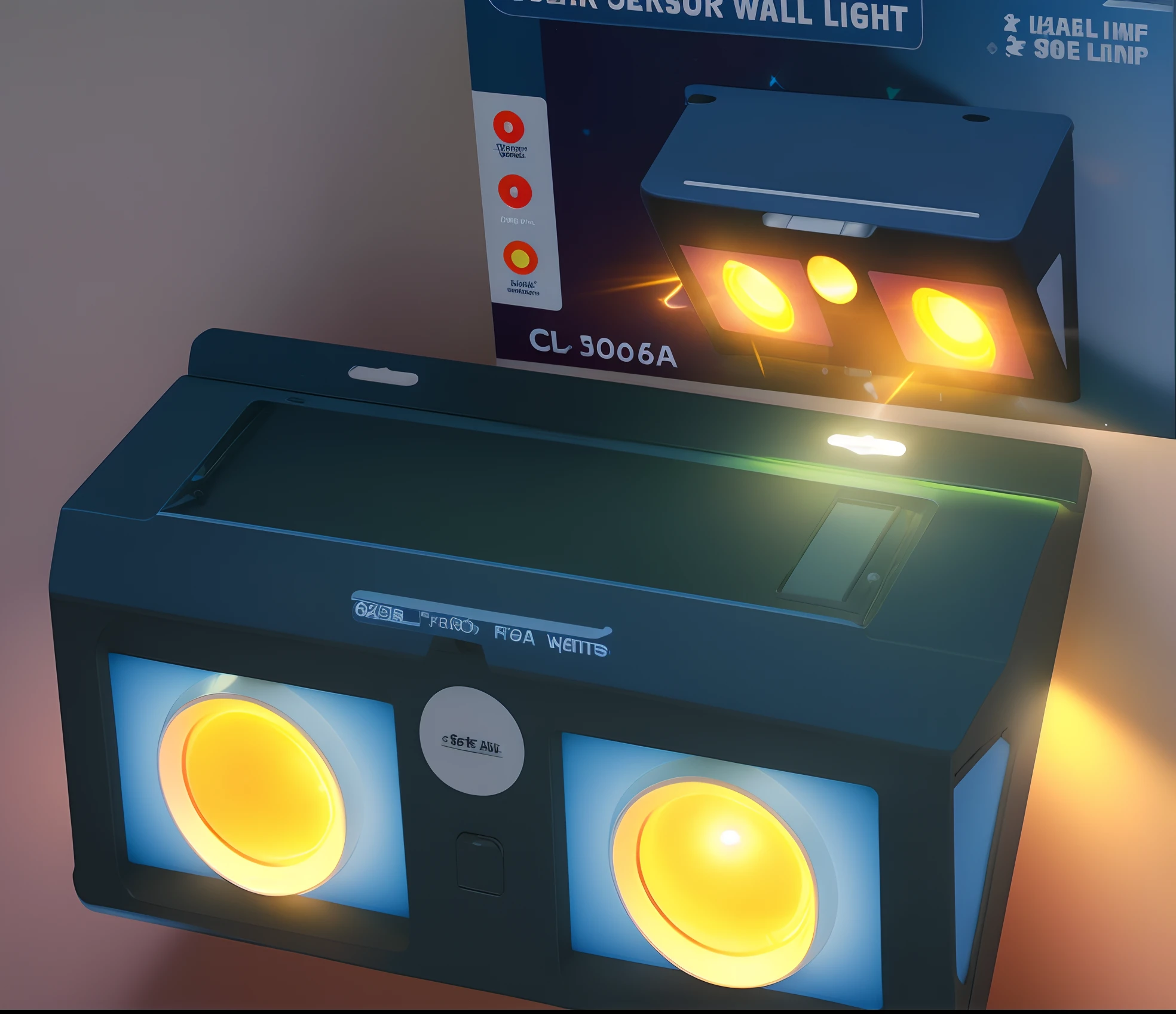Close-up of a solar wall lamp with a box, ad image, LED light, - Par Xul Solar, mur, LED, Very good quality lighting, LED lights, Produit eBay, Very high quality lights, solaire, sun light, intelligent, Very intense, 3 6 0 p, Solar energy, Contrasting side lighting, 360º, intense sunlight