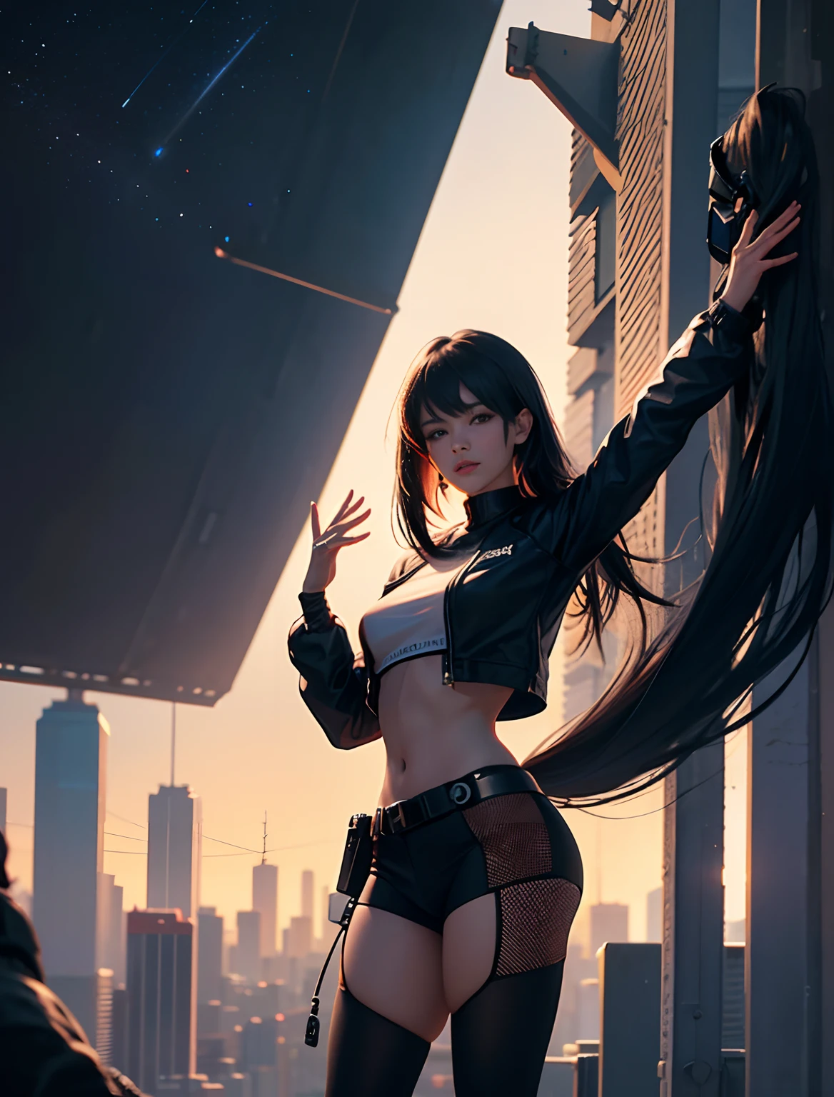 Photo of a woman taken from the front with a camera.Woman standing facing forward with palms outstretched. The universe is about to be born from the palm of that woman's hand. 8K image quality. Cyberpunk style.