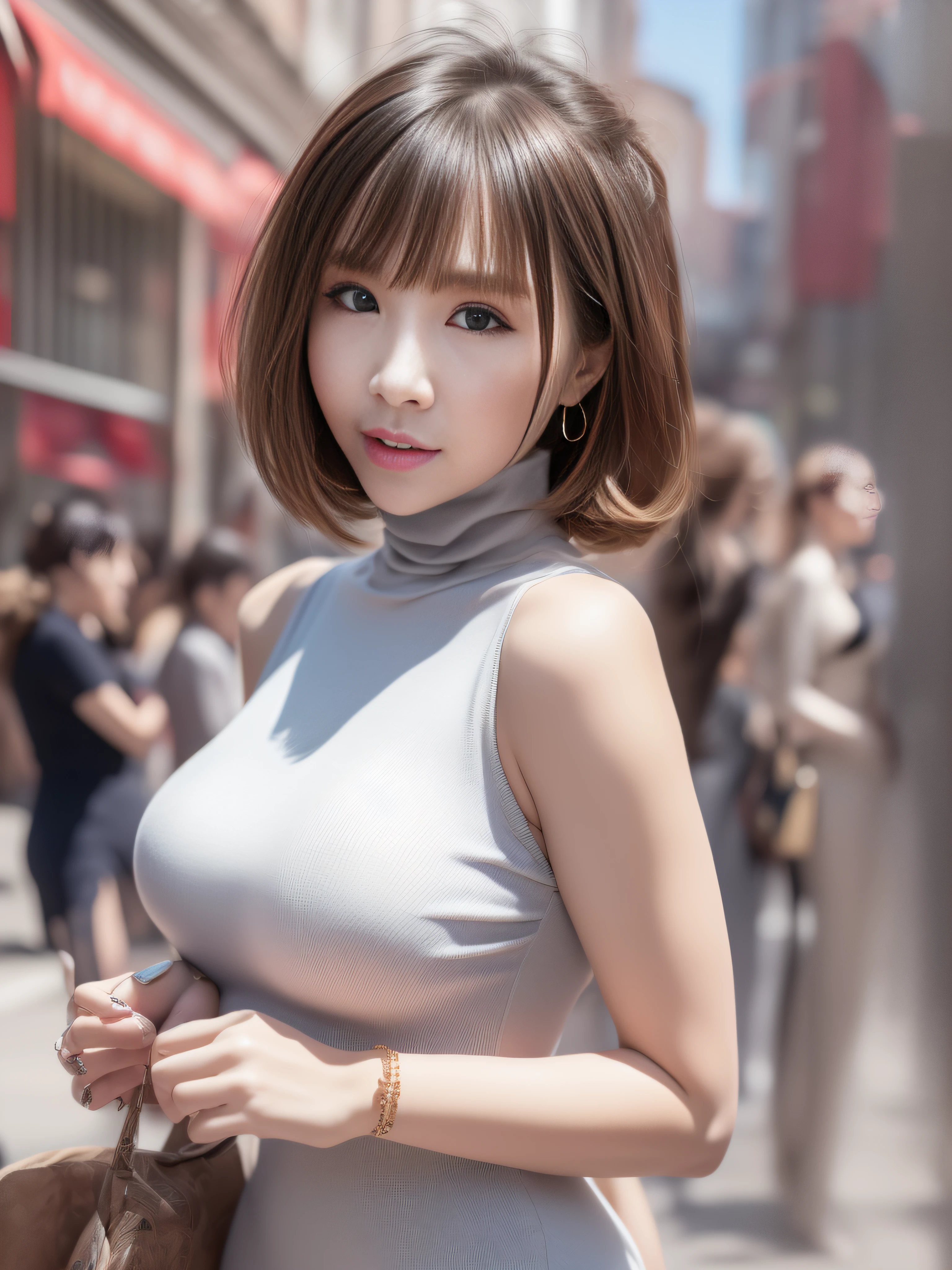 Best quality, 1girll, (skin indentation), (Huge breast:1.2), (blur backgroun:0.6), (street:1.2), (People, crowd of:1), sonoko, day, En plein air, (Casual and stylish, Elegant fabric, turtleneck dress:1.5), Gorgeous, (bangs, Short hair:1.5), (Floating hair:1.2), (Dynamic pose:1.2), Soft lighting, Wind, (Front light:1.5),  Makeup,