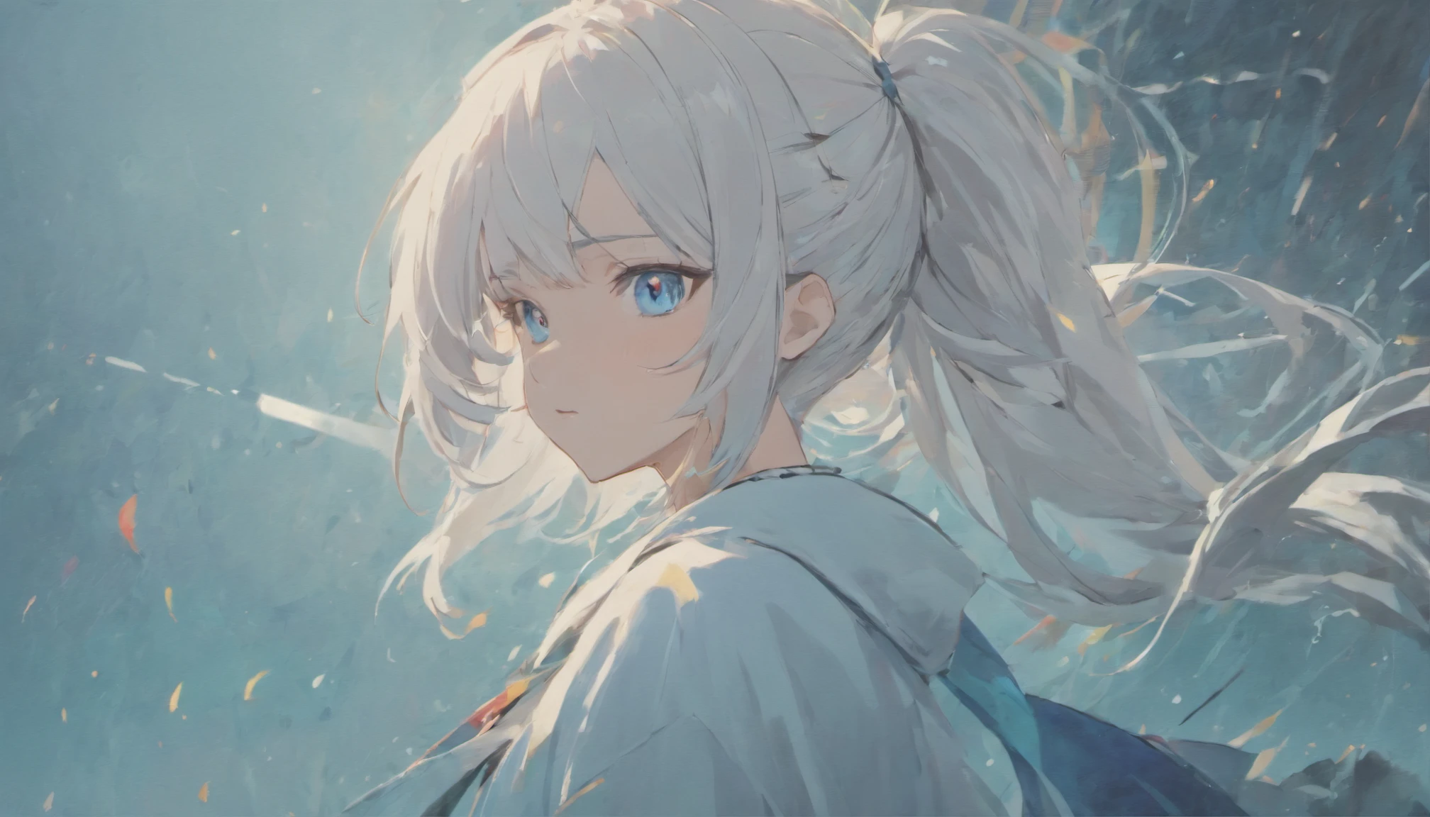 Excellent, masterpiece, white hair, blue eyes, white clothes, upper body, hair, fair skin, side braids, best quality, ((samuraipunk, streetwear)), artstation, muted colors, dystopian background, (art style of makoto shinkai)
