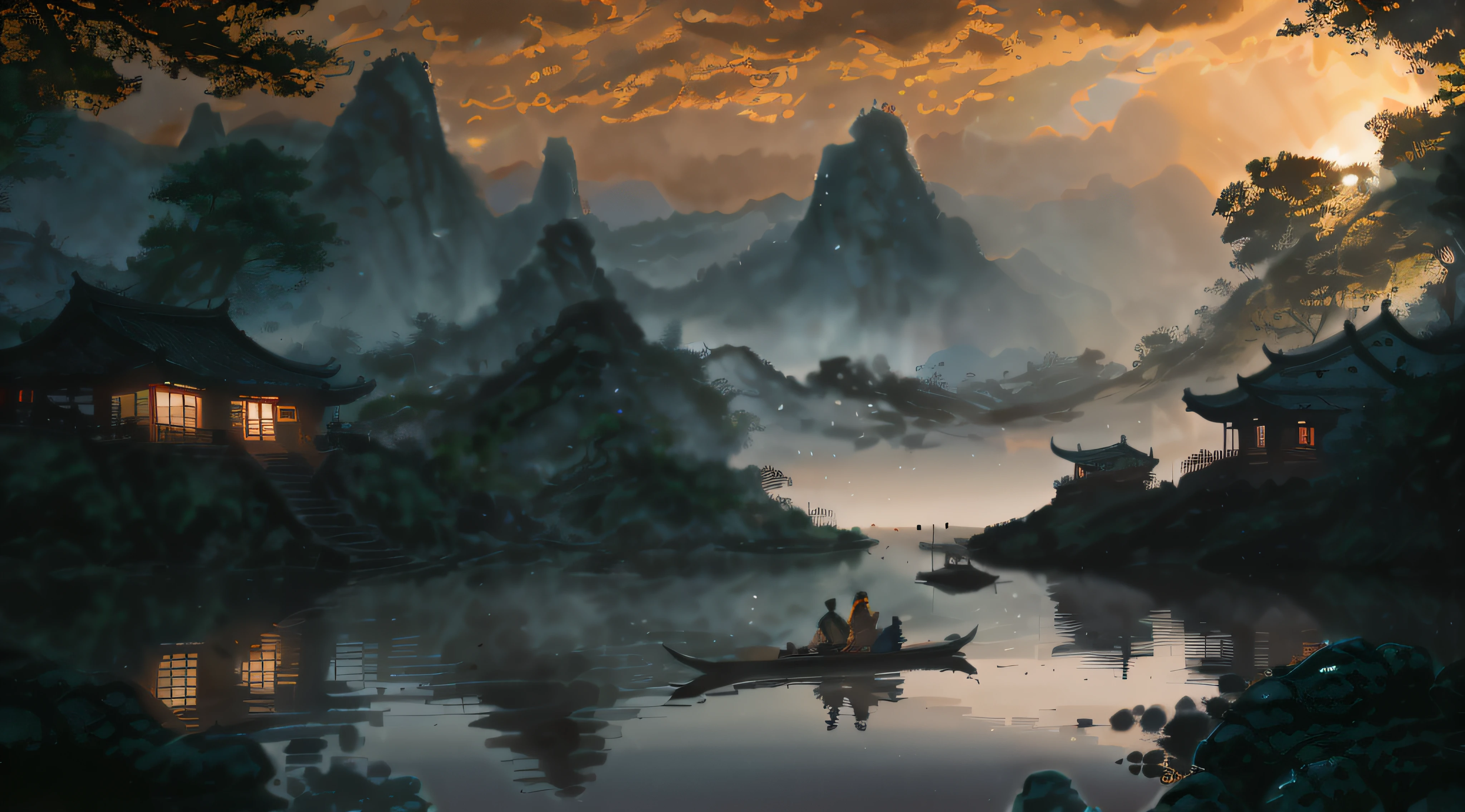 painting of a man and woman in a boat on a river, by Yang J, 4k highly detailed digital art, Detailed painting 4 K, inspired by Raphael Lacoste, 4k hd matte digital painting, Chinese landscape, Inspired by Fenghua Zhong, Detailed scenery —width 672, author:Qu Leilei, inspired by Andreas Rocha, author:Song Xu