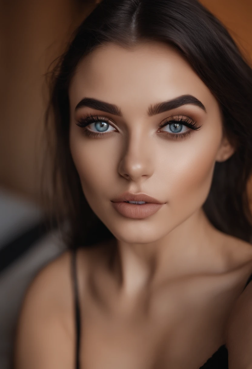 arafed woman with black sexy atractive  clothes, sexy girl with brown eyes, portrait sophie mudd, black hair and large eyes, selfie of a young woman, bedroom eyes, violet myers, without makeup, natural makeup, looking directly at the camera, face with artgram, subtle makeup, stunning full body shot, in a roof , cleavage