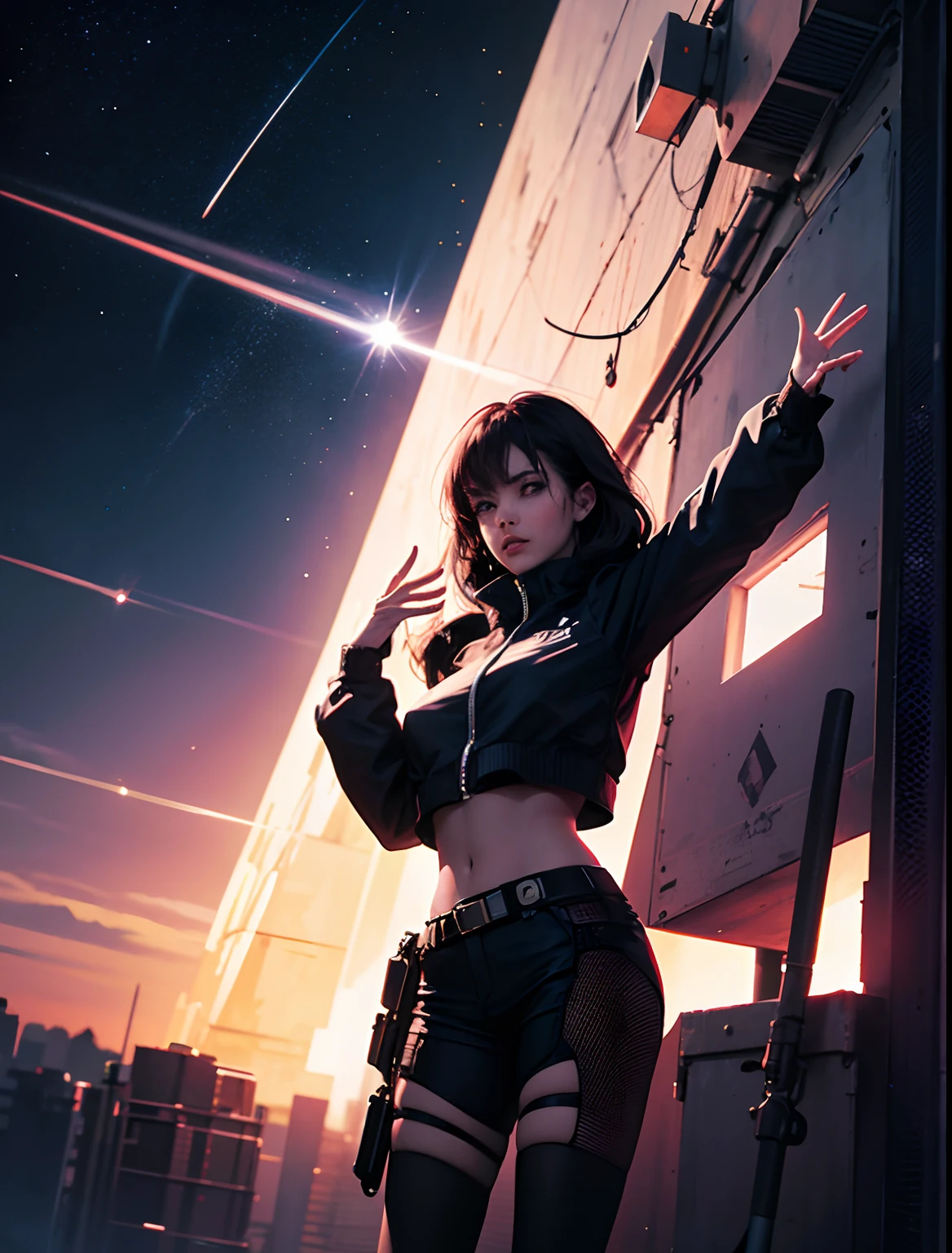 A picture of a woman captured from the front with a camera.A woman stands facing forward with her palms outstretched. Outer space is about to be born from that woman's palm. 8K image quality. Cyberpunk style.