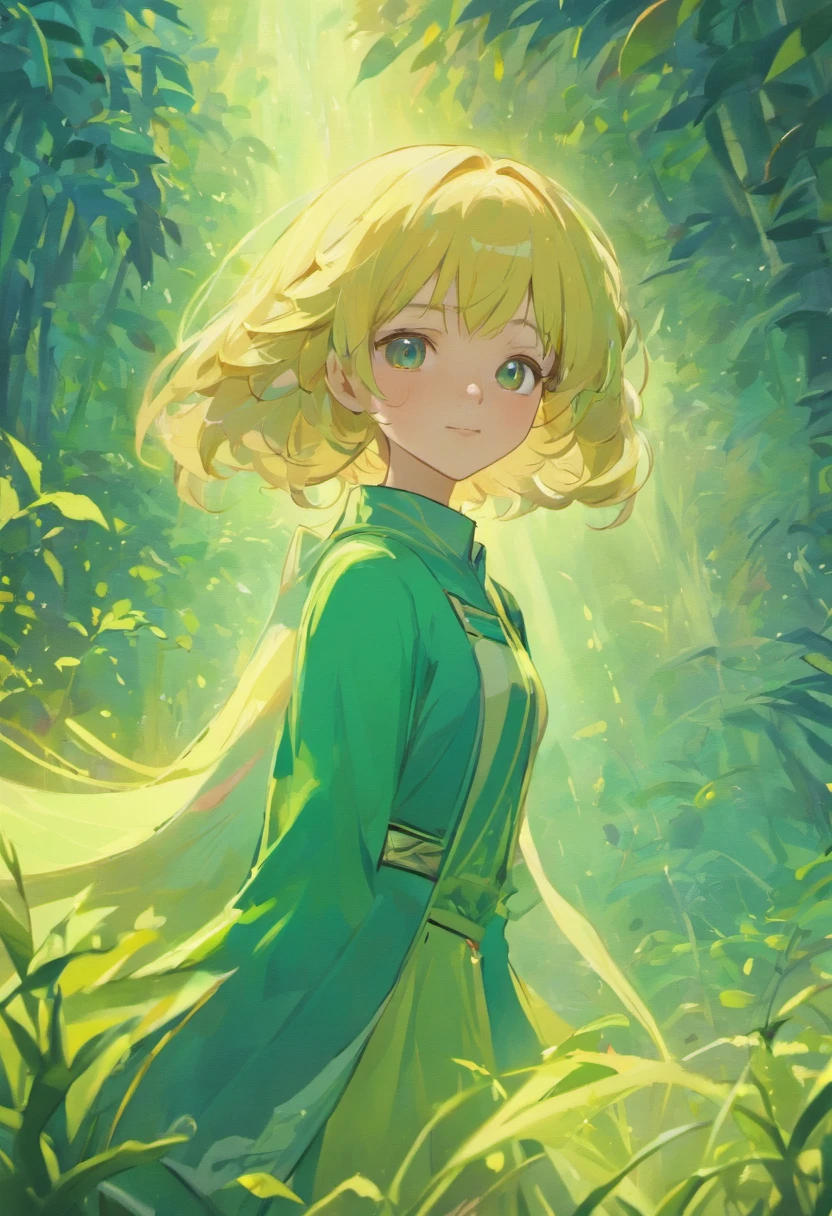A girl in a green dress standing in the woods - SeaArt AI