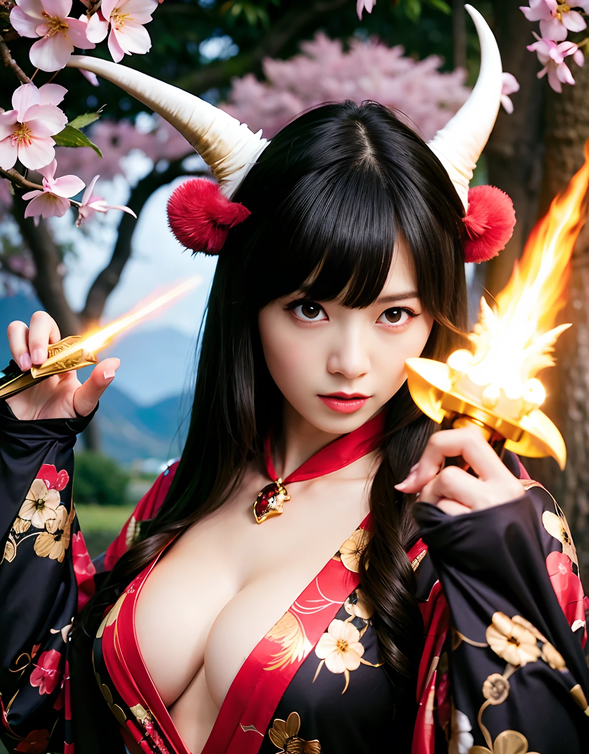 ((White ghost flies)),Professional , ​masterpiece、top-quality、photos realistic , depth of fields 、（Various poses）、(Background of cherry blossoms in full bloom),（Ultimate Beauty）、（A dark-haired）、（Fight ninjas)、Mystical expression、（Kimono with scary pattern）、（Night background）、Precipitous cliffs、（（Devil's Wings Grow））,(Wear a kimono with a floral pattern),Armpit、（Wearing a colorful and beautiful kimono）、Jewel Gold Weapon、Particles of light),（Has a devil's mask）、Gorgeous gold weapons ,Skeleton population、（（ Gorgeous Dragon Sword）） , （a dark night）,,（White ghost flies） 、（（Black Haired Beautiful Girl））、（Castle background）、（demonic wings）、（（Gangle's forest background））、Beautiful Caucasian beauty、１a person、dynamic ungle,(((Two devil's horns on the head)))、Smaller head、Idle Smile、Thin and beautiful female hands、Mystical expression、Light Effects、intense fighting、Wind-effect、magic circles、With the legendary magic wand、Dragon's tail、