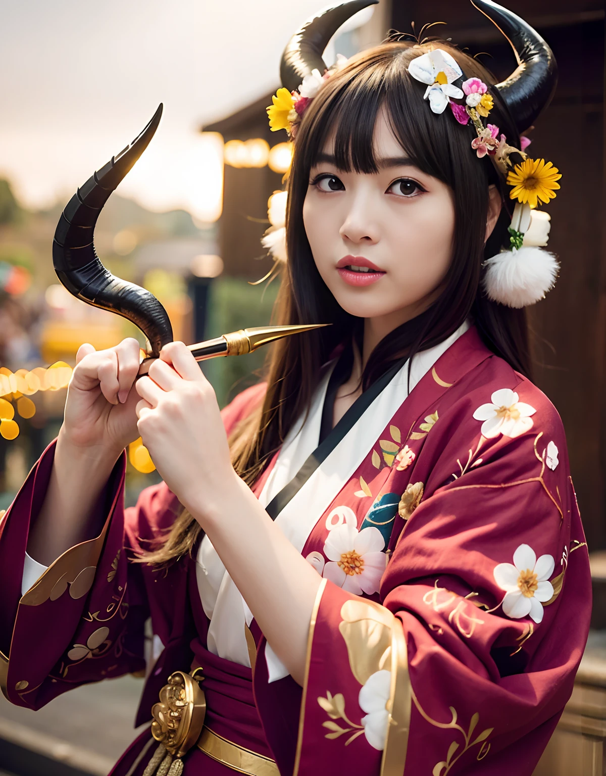 ((White ghost flies)),Professional , masterpiece、top-quality、photos realistic , depth of fields 、(Various poses)、(Background of cherry blossoms in full bloom),(Ultimate Beauty)、(A dark-haired)、(Fight ninjas)、Mystical expression、(Kimono with scary pattern)、(Night background)、Precipitous cliffs、((Devil's Wings Grow)),(Wear a kimono with a floral pattern),Armpit、(Wearing a colorful and beautiful kimono)、Jewel Gold Weapon、Particles of light),(Has a devil's mask)、Gorgeous gold weapons ,Skeleton population、(( Gorgeous Dragon Sword)) , (a dark night),,(White ghost flies) 、((Black Haired Beautiful Girl))、(Castle background)、(demonic wings)、((Gangle's forest background))、Beautiful Caucasian beauty、1a person、dynamic ungle,(((Two devil's horns on the head)))、Smaller head、Idle Smile、Thin and beautiful female hands、Mystical expression、Light Effects、intense fighting、Wind-effect、magic circles、With the legendary magic wand、Dragon's tail、