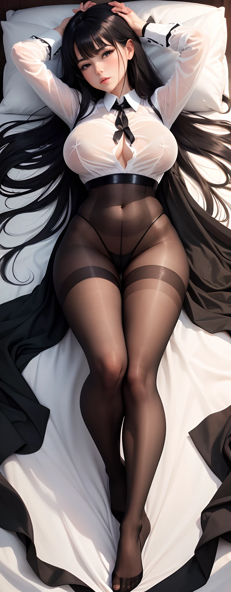 Lie down in bed，White transparent collar shirt，blackstockings，Pantyhose up to the abdomen，Large breasts，Black hair，long whitr hair，Show feet，Black silk feet，Black silk long legs，No underwear，Big watery eyes，A shy and comfortable expression，Light blush