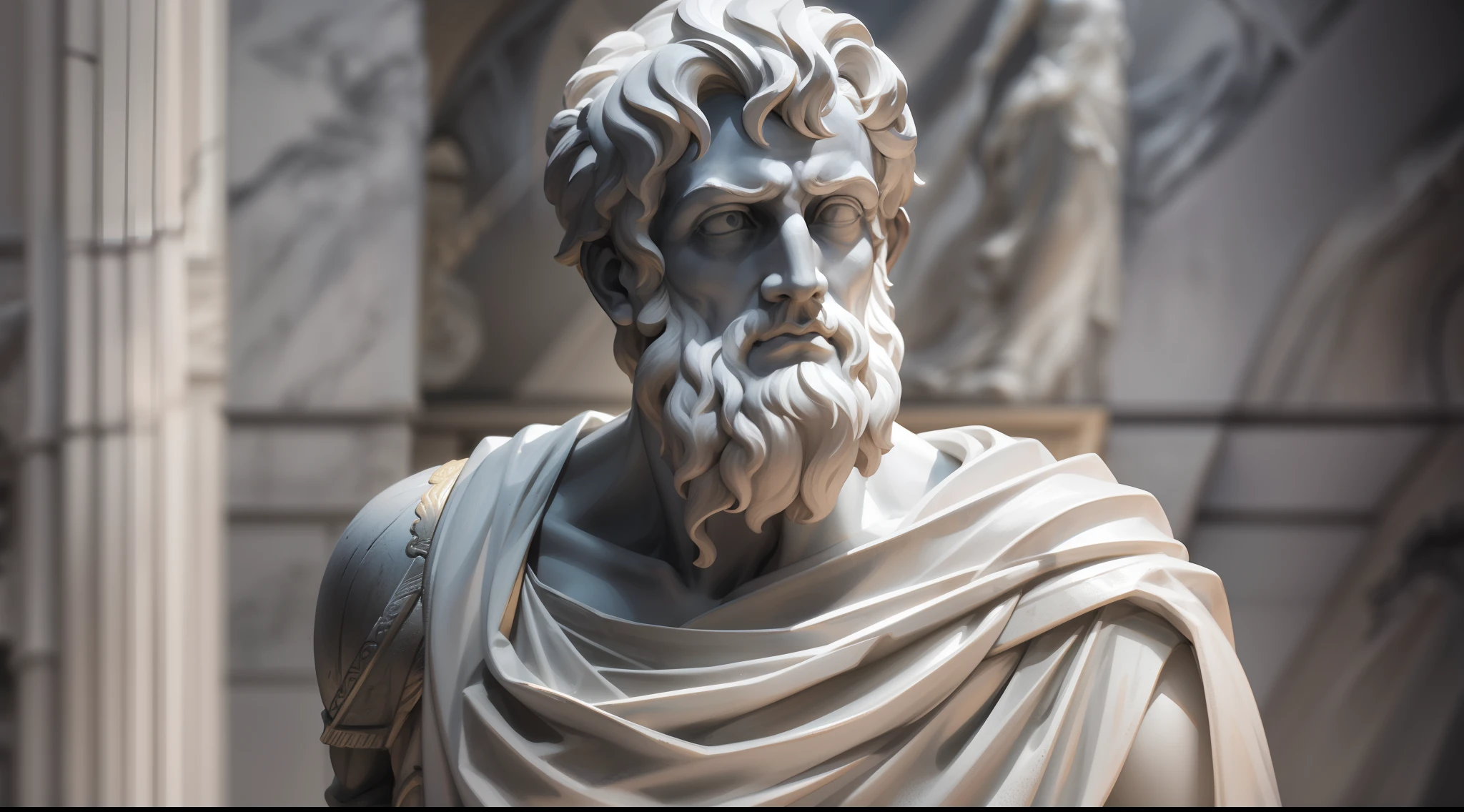 A realistic Greek white marble statue of aristotle brave scary detailed wearing a ghostly toga, fundo neutro, Moody, , fotorrealista, Scary Movie Dinner, super detalhada, hiper realista, luzes brilhantes, 8 K