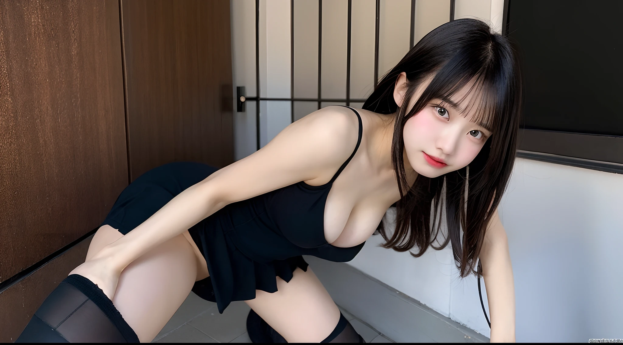 18-year-old cheergirl in a black miniskirt(F Cup Breast)