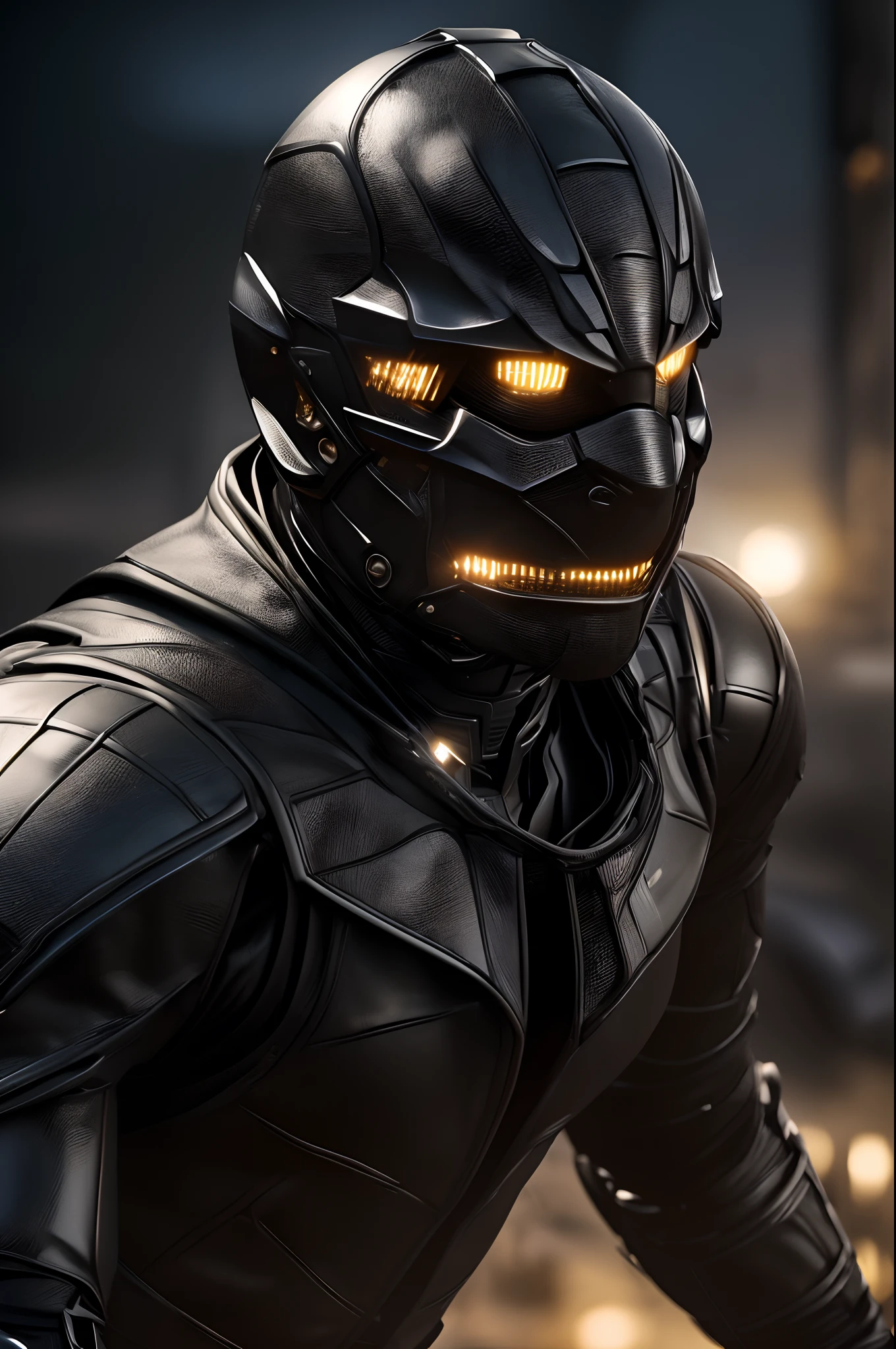(photo realistic:1.4), (hyper realistic:1.4), (realistic:1.3), (smoother lighting:1.05), (increase cinematic lighting quality:0.9),Black Grasshopper Maskde Rider Black,Eyes glowing mechanically,cinematic,close-up
