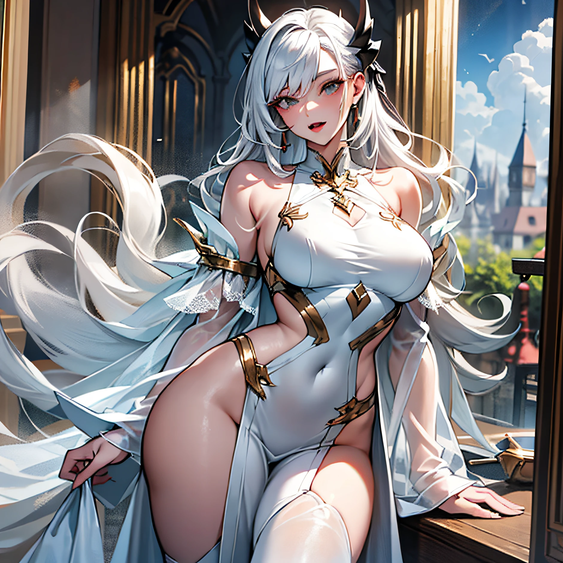 ella，The appearance is cold and elegant，White clothes and white hair，Long and thin body，Plump breasts stand up，Chest clothing open，Large areas of milk flesh are exposed，Attractive，a pair of long, Well-proportioned legs exposed under slit skirts。