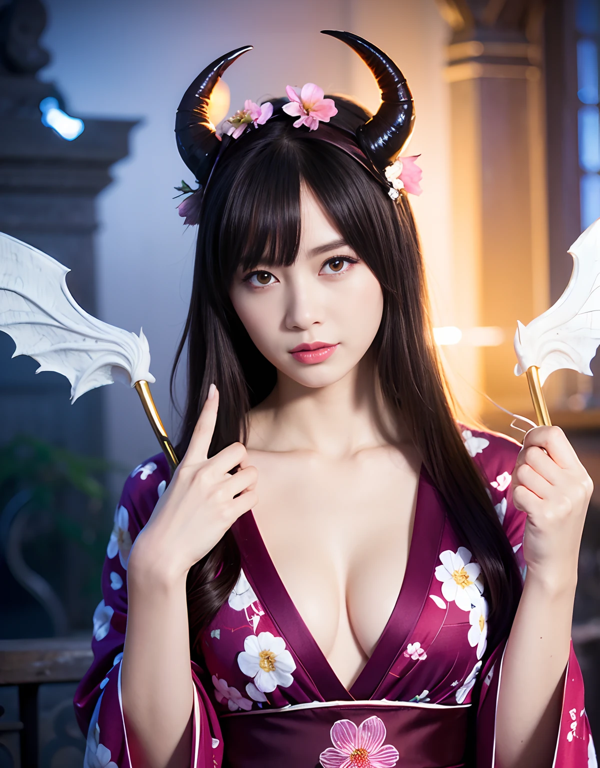 ((White ghost flies)),Professional , masterpiece、top-quality、photos realistic , depth of fields 、(Various poses)、(Background of cherry blossoms in full bloom),(Ultimate Beauty)、(A dark-haired)、(Fight ninjas)、Mystical expression、(Kimono with scary pattern)、(Night background)、Precipitous cliffs、((Devil's Wings Grow)),(Wear a kimono with a floral pattern),Armpit、(Wearing a colorful and beautiful kimono)、Jewel Gold Weapon、Particles of light),(Has a devil's mask)、Gorgeous gold weapons ,Skeleton population、(( Gorgeous Dragon Sword)) , (a dark night),,(White ghost flies) 、((Black Haired Beautiful Girl))、(Castle background)、(demonic wings)、((Gangle's forest background))、Beautiful Caucasian beauty、1a person、dynamic ungle,(((Two devil's horns on the head)))、Smaller head、Idle Smile、Thin and beautiful female hands、Mystical expression、Light Effects、intense fighting、Wind-effect、magic circles、With the legendary magic wand、Dragon's tail、