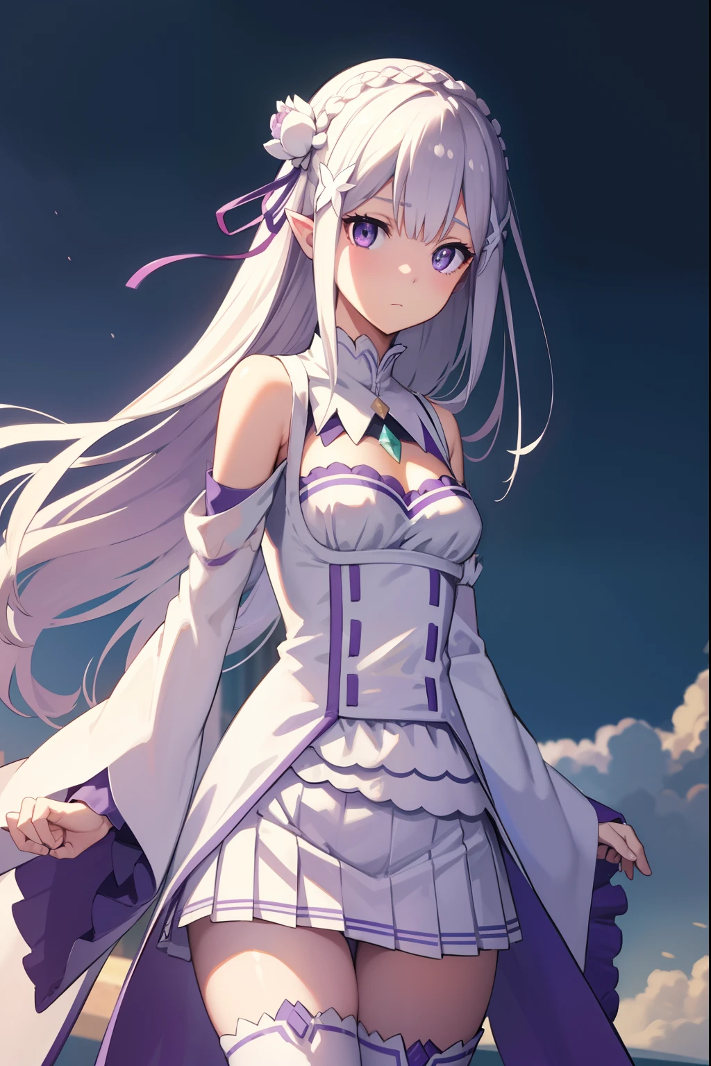 rezeroemilia, emilia, braid, crown braid, flower, hair flower, hair ornament, hair ribbon, long hair, pointy ears, (purple eyes:1.2), white hair, x hair ornament,
BREAK detached collar, detached sleeves, frilled sleeves, frills, long sleeves, miniskirt, pleated skirt, ribbon, skirt, thighhighs, white skirt, white sleeves, white thighhighs, wide sleeves, zettai ryouiki,
BREAK outdoors, city,
BREAK looking at viewer, BREAK (masterpiece:1.2), best quality, high resolution, unity 8k wallpaper, (illustration:0.8), (beautiful detailed eyes:1.6), extremely detailed face, perfect lighting, extremely detailed CG, (perfect hands, perfect anatomy),
