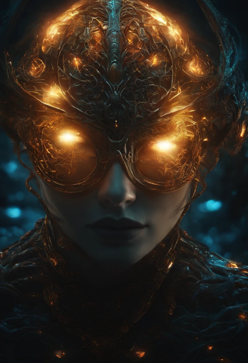 don't judge book by its cover, glowing light eyes, Biomechanical, eerie, Creepy, nightmarish, Very bright colors, Light particles, with light glowing, Mshiff, wallpaper art, UHD wallpaper