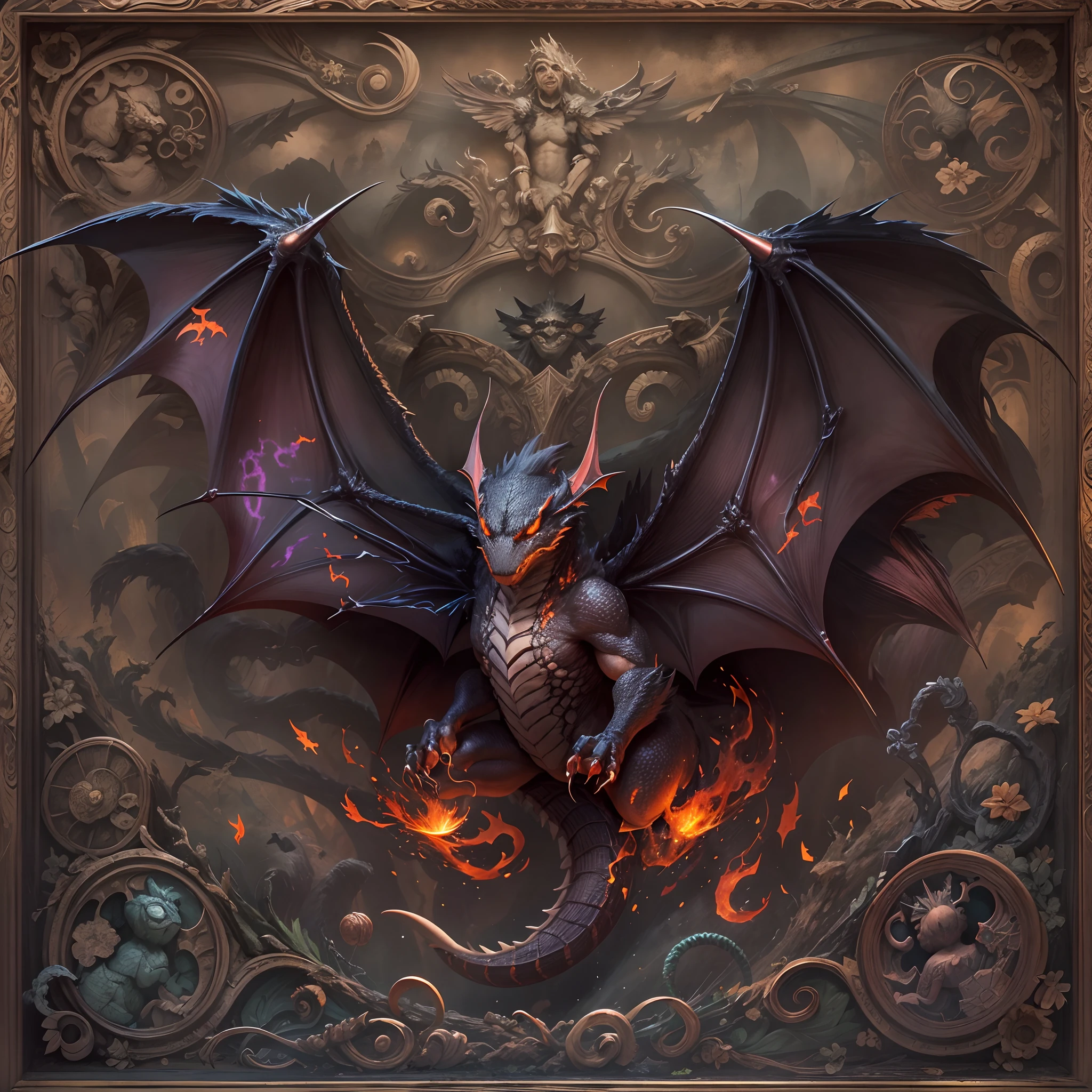 "The mythological dragon bat is a magnificent creature that fuses the majesty of a dragon with the agility of a bat... Its body is covered in iridescent scales in dark tones that shimmer subtly in the moonlight... Posee alas membranosas de envergadura impresionante, adornadas con garras afiladas y una cola espinosa que le otorgan una presencia imponente.
La cabeza alargada y poderosa exhibe afiladas fauces con colmillos curvados y penetrantes ojos rojos que destellan inteligencia. Las orejas puntiagudas y membranosas, similar to those of a bat, Capture sounds with great precision. Sus patas musculosas y garras afiladas completan su apariencia majestuosa y poderosa.
This mythological being, dotado de inteligencia superior, Can cast mystical flames and magic spells, controlando elementos como el fuego y el viento. Su rugido atronador resuena en la noche, infundiendo asombro y respeto a todo aquel que lo escuche. En resumen, The mythological bat is a magical creature that captivates with its unique combination of elegance and strength...."