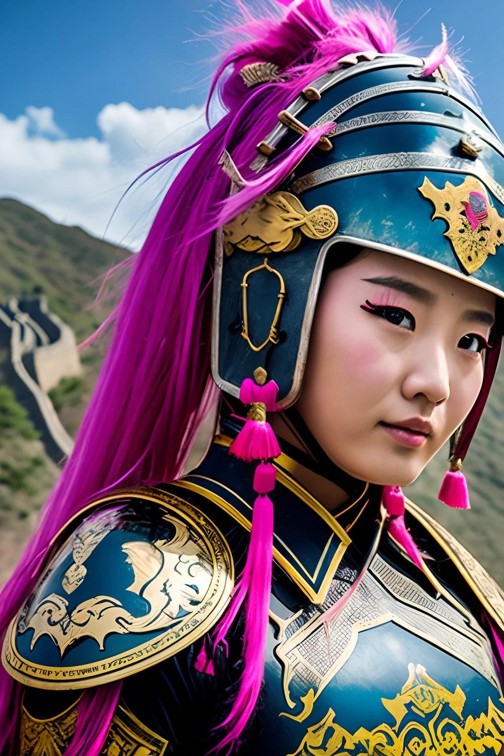 A young Chinese woman, 20 years old, with pink hair, wearing armor inspired by ancient Chinese female warriors, is preparing for battle on the towering Great Wall. --auto --s2