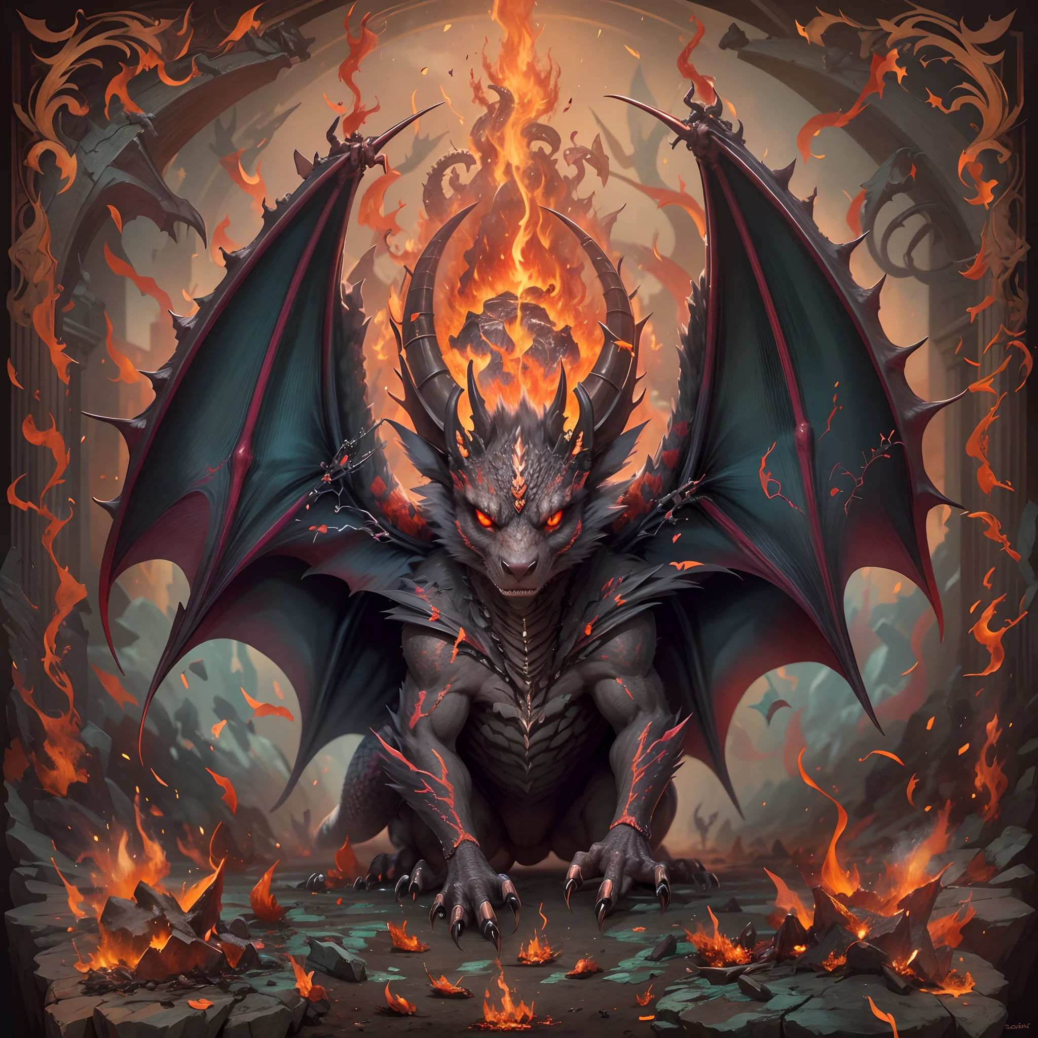 "The mythological dragon bat is a magnificent creature that fuses the majesty of a dragon with the agility of a bat... Its body is covered in iridescent scales in dark tones that shimmer subtly in the moonlight... Posee alas membranosas de envergadura impresionante, adornadas con garras afiladas y una cola espinosa que le otorgan una presencia imponente.
La cabeza alargada y poderosa exhibe afiladas fauces con colmillos curvados y penetrantes ojos rojos que destellan inteligencia. Las orejas puntiagudas y membranosas, similar to those of a bat, Capture sounds with great precision. Sus patas musculosas y garras afiladas completan su apariencia majestuosa y poderosa.
This mythological being, dotado de inteligencia superior, Can cast mystical flames and magic spells, controlando elementos como el fuego y el viento. Su rugido atronador resuena en la noche, infundiendo asombro y respeto a todo aquel que lo escuche. En resumen, The mythological bat is a magical creature that captivates with its unique combination of elegance and strength...."