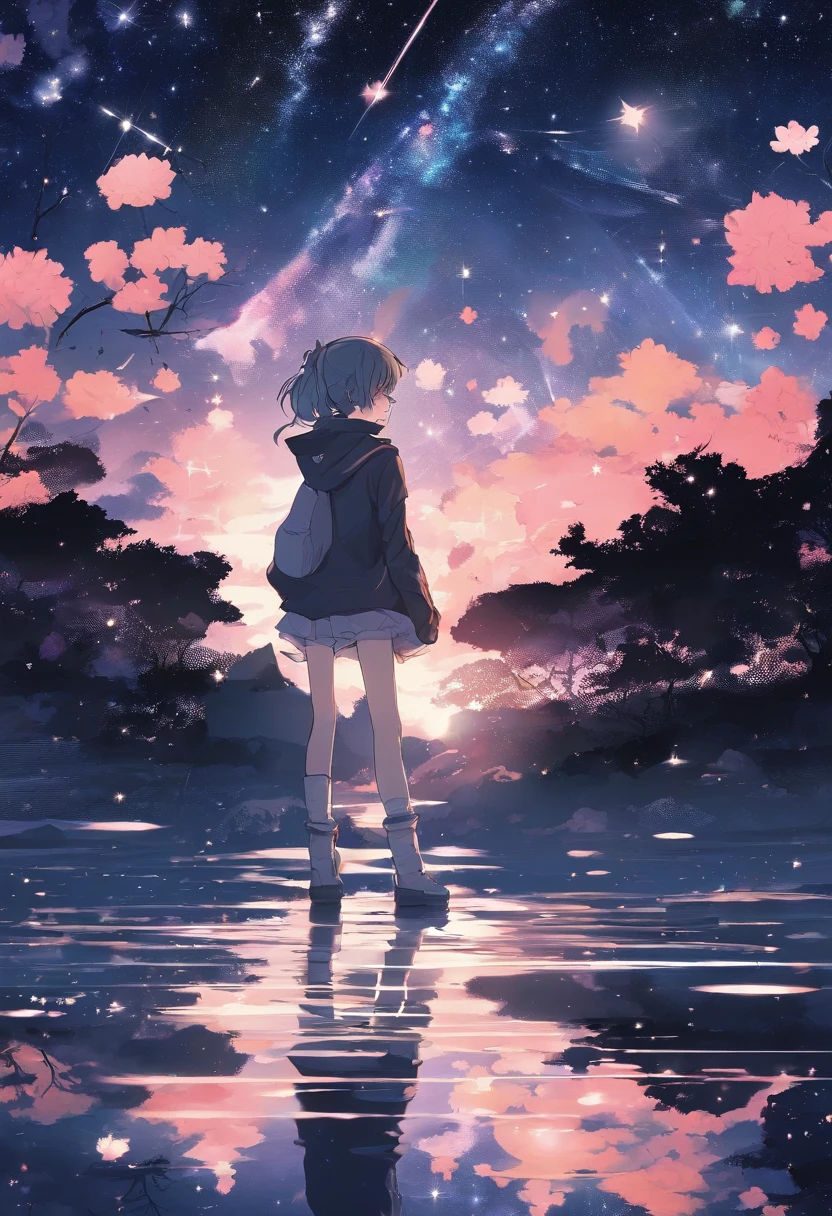 starrysky,The characters are small, girl,The figure is shrouded in shadows,Pitch black night sky,Characters with their backs,looking at the stars,landscape