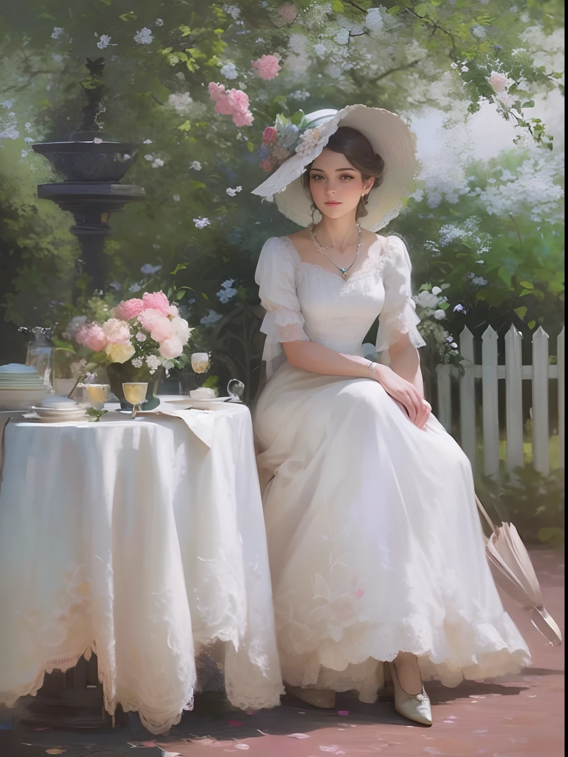 Transport yourself to a bygone era with this exquisite prompt. Imagine a beautiful lady, elegantly posed in a garden, wearing a large floral hat that adds a touch of whimsy to the scene. The fine art painting captures every detail of her attire and surroundings, bringing the 1900s to life in vivid color and style.