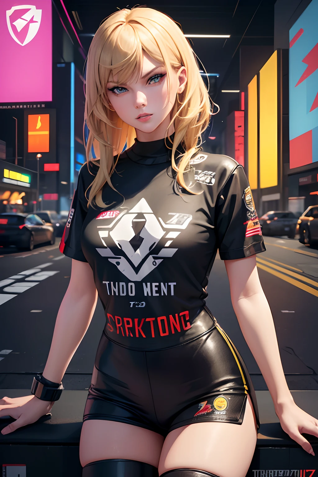 F-35 fighter jet centered, isometric, vector t-shirt art ready to print highly detailed colourful graffiti illustration of blonde Taylor Swift, wearing cyberpunk2077, face is covered by highly detailed, vibrant color, high detail.