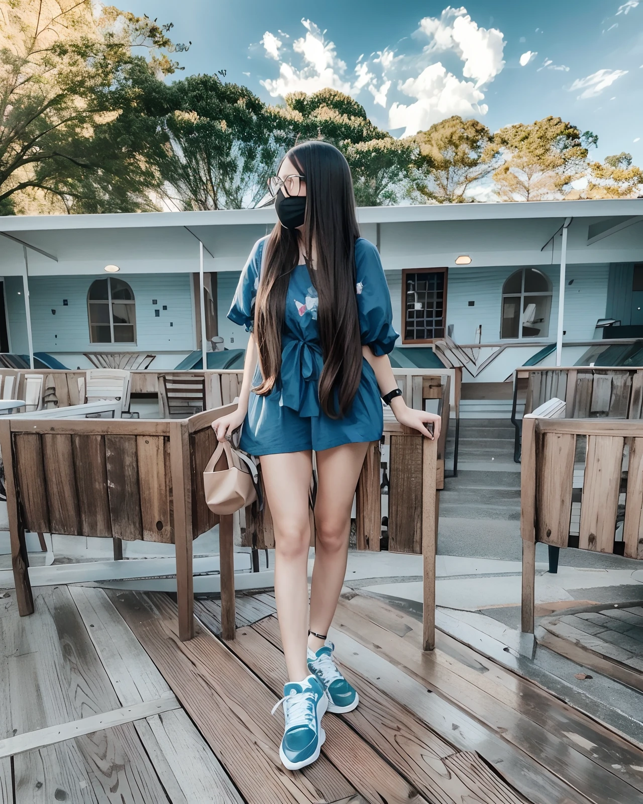 a woman in a blue dress and white sneakers walking on a wooden floor, 🤬 🤮 💕 🎀, full body! pretty face, wearing in a summer dress, with long hair, profile pic, photoshoot, serena malyon, katelynn mini cute style, mixed art, dressed in a top and shorts, full body cute young lady realistic face, realistic black mask, realistic eyes 👀, realistic glasses, orginal photo