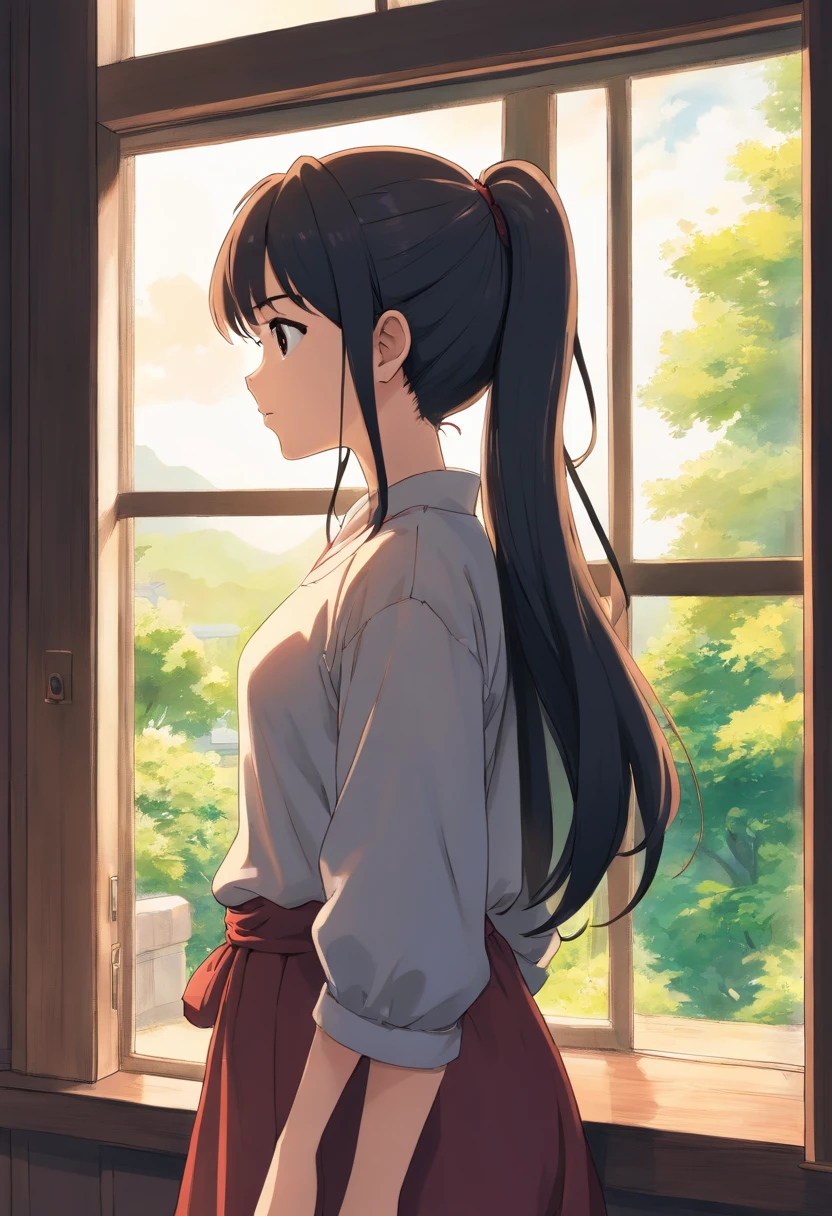 Anime girl with long hair and ponytail standing in front of a window, black and white manga style, in style of manga, detailed manga style, bela arte de linha, Sobre Ishida Art Manga, anime com cabelo longo, perfil de menina, black and white manga page, Manga art style, a manga drawing, shoujo manga character design, in manga style
