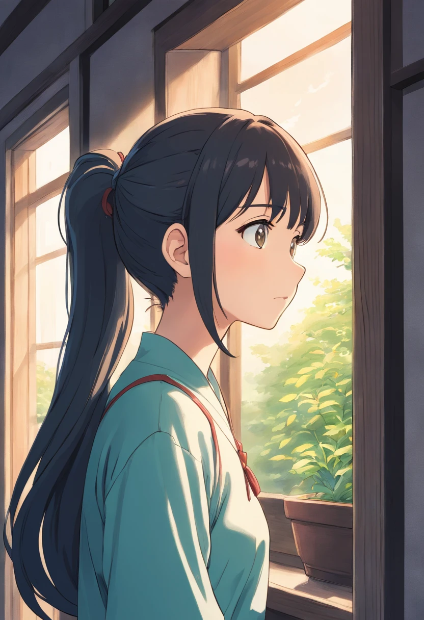 Anime girl with long hair and ponytail standing in front of a window, black and white manga style, in style of manga, detailed manga style, bela arte de linha, Sobre Ishida Art Manga, anime com cabelo longo, perfil de menina, black and white manga page, Manga art style, a manga drawing, shoujo manga character design, in manga style