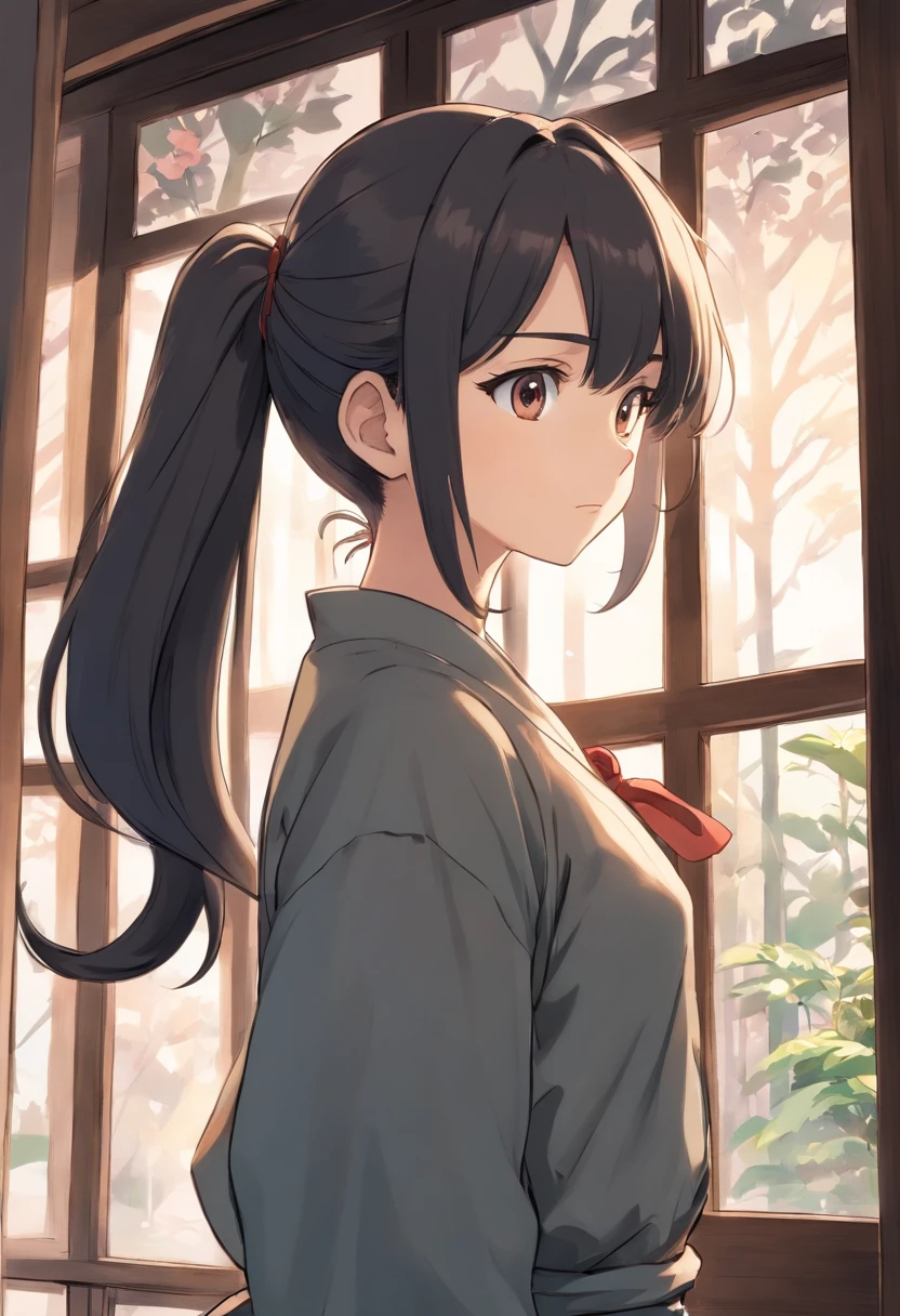 Anime girl with long hair and ponytail standing in front of a window, black and white manga style, in style of manga, detailed manga style, bela arte de linha, Sobre Ishida Art Manga, anime com cabelo longo, perfil de menina, black and white manga page, Manga art style, a manga drawing, shoujo manga character design, in manga style