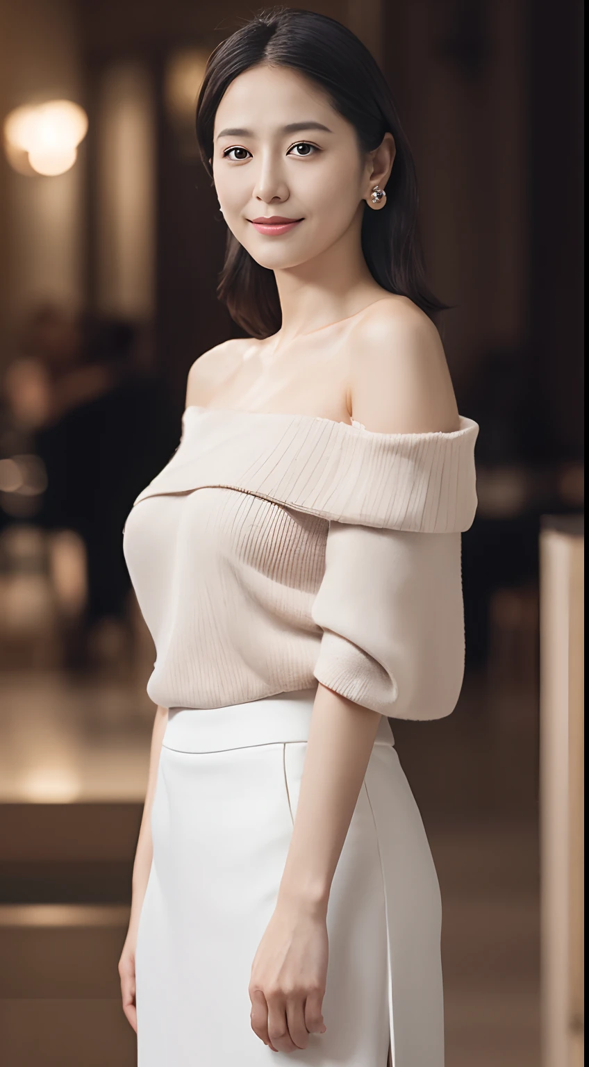 Japan girl with disproportionately large breasts、17 age、爆乳:1.6,((From below)), ((Full body)), ((Realistic)), (((Off-the-shoulder clothing))), standing on your feet, erect through, during night, (extremely delicate and beautiful work), (masutepiece), 1girll, ((White sweater, Short black skirt, high-heels)), Highly detailed, Curly, Long grey hair, fascinated expression, Beautiful and clear eyes, black eye pupil, Delicate pearl necklace, Delicate earrings, Simple blurred background, extreme detail description, Charming, Ultra-fine painting, Delicate face, slim toned body, thin clavicle, mix4,(8K, Raw photo, best qualtiy, masutepiece:1.2), Cityscape, Night, Rain, Wet, Professional Lighting, photon maping, Radio City, Physically-based rendering, (Correct hand), (anatomy correct)
