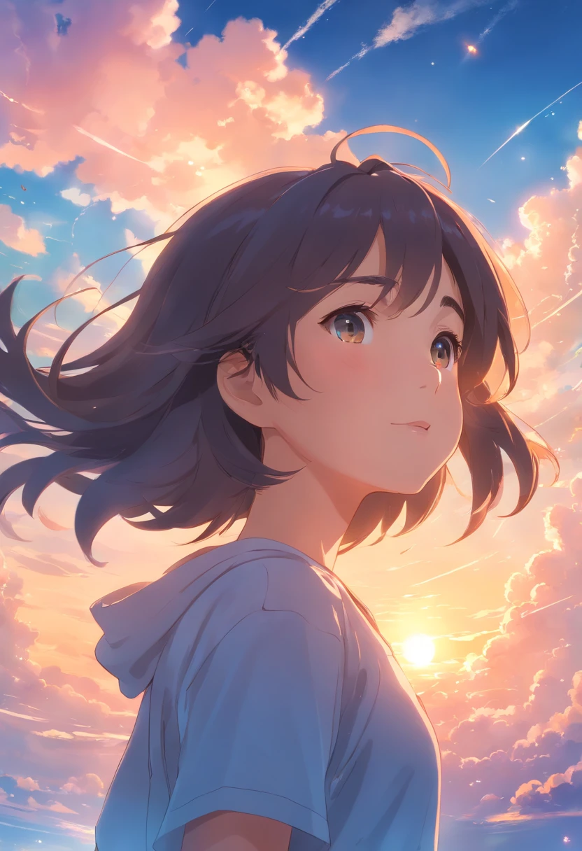 masterpiece, best quality, movie still, 1girl, cloud girl, floating in the sky, close-up, bright, happy, warm soft lighting, sunset, (sparks:0.7)