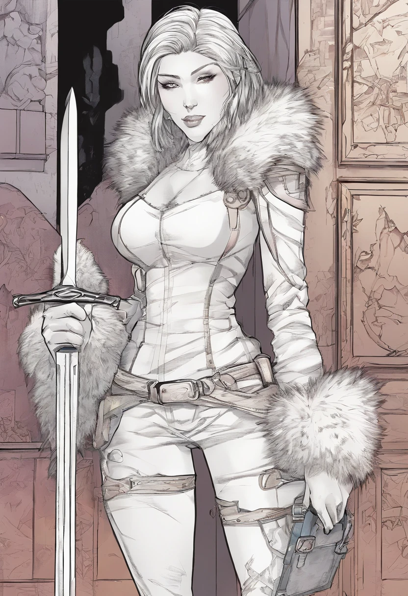 The girl was thin, covered with fur, was very lightly dressed in almost open armor, leggings, carrying a small briefcase from behind, from where knives stick out.fluffy.The whole skin is covered with fur.furry
