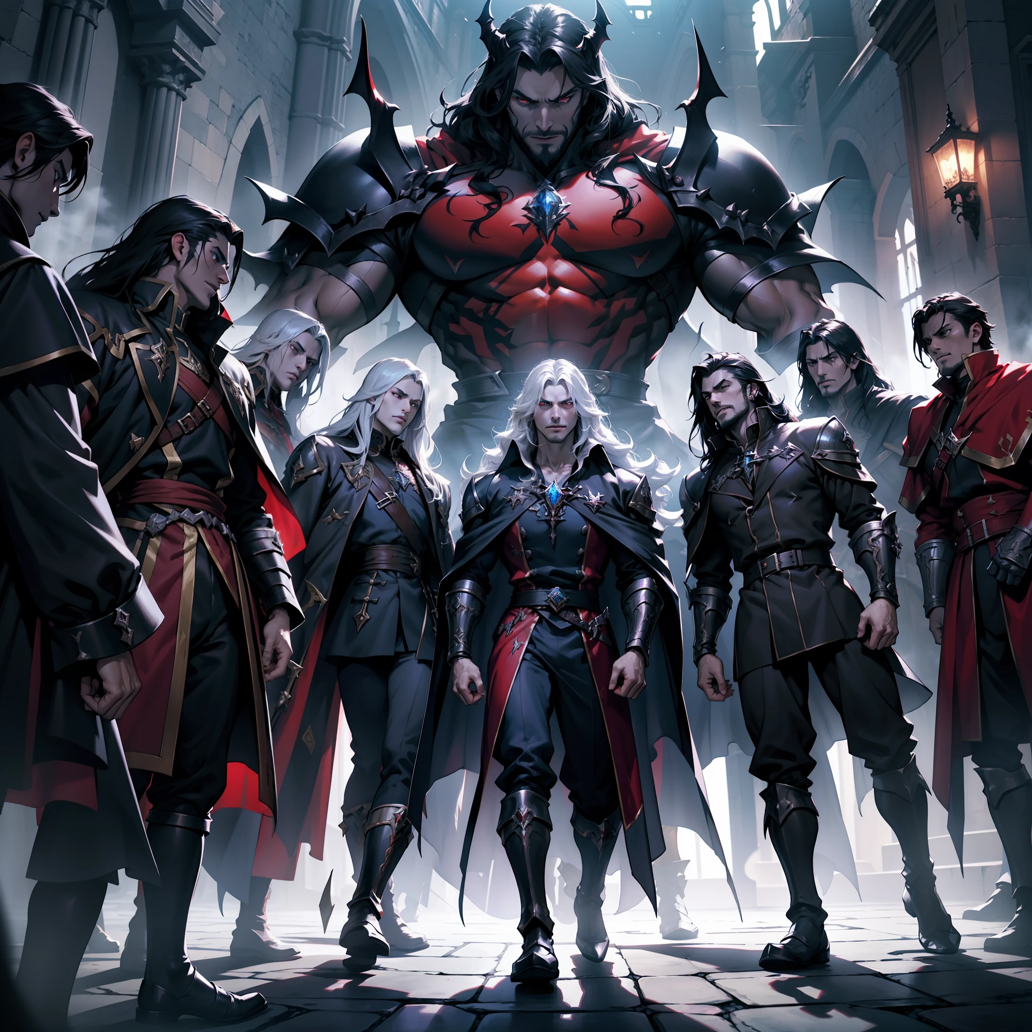 Castlevania Battle Scenes Shadow Lord with white long hair red glowing crystal eyes Hyper Realistic Super Detailed Legendary Lord Dracula leading troops army of demons to fight sharp details Cutscenes Epic Legendary Hyper Realistic Super Detailed Super Realistic Faces Super Detailed Poses Muscular Men Center Scene