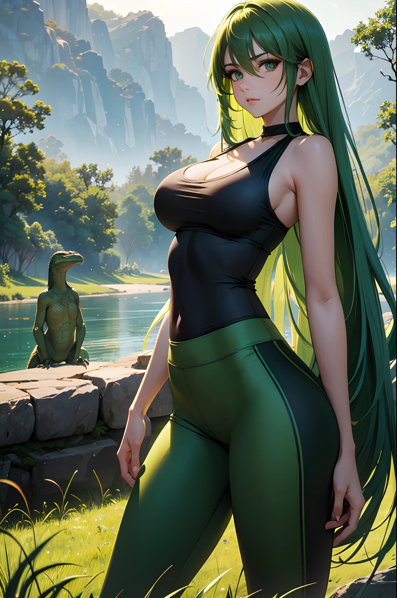 green-haired girl, voluptuous, medium-long length hair, large breasts, green eyes, yoga pants, cleavage showing, sleeveless low cut top, with a monitor lizard, outdoor, grassland, tall grass, river, big boulders, night time, night lighting, evening