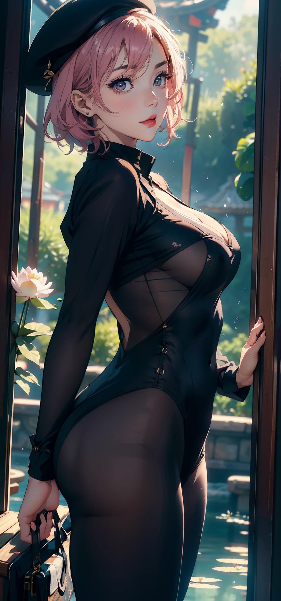 1female,45 yers old,Married Woman,熟妇,plumw,extremely large bosom, 独奏,(Background with:ponds,Cherry blossom forest,lotus flower)Lie underwater, She has short pink hair,seen from the front,, mostly cloudy sky,(((tmasterpiece),(Very detailed CG unity 8K wallpaper),best qualtiy,cinmatic lighting,detailed back ground,beatiful detailed eyes,Bright pupils,Black eyes,Snow-whiteskin,Redlip(Very fine and beautiful),(Beautiful and detailed eye description),ultra - detailed,tmasterpiece,))facing at camera,A high resolution,ultra - detailed),revealing breasts,Bare genitalia, Bulge,legs are open,Raised sexy,Camel toes,Desire for dissatisfaction,frontage,stewardess,beret(Wearing:Sheer jumpsuit,Black tights,)