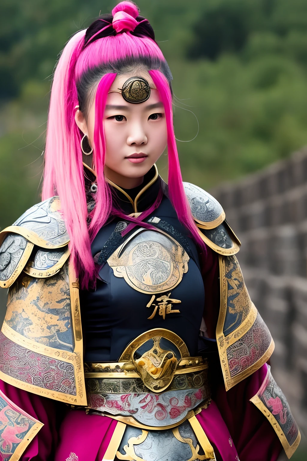 A young Chinese woman, 20 years old, with pink hair, wearing armor inspired by ancient Chinese female warriors, is preparing for battle on the towering Great Wall. --auto --s2