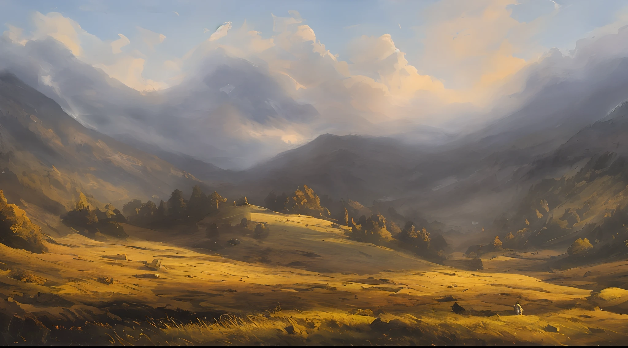 samdoesarts style. physical palette knife painting, thick Oil paint, stunning landscape, vast scale, soft colors, muted contrast, extremely detailed and intricate. landscape, hills, deciduous forests, mountain hut, huge pumpkin, God rays, sharp focus