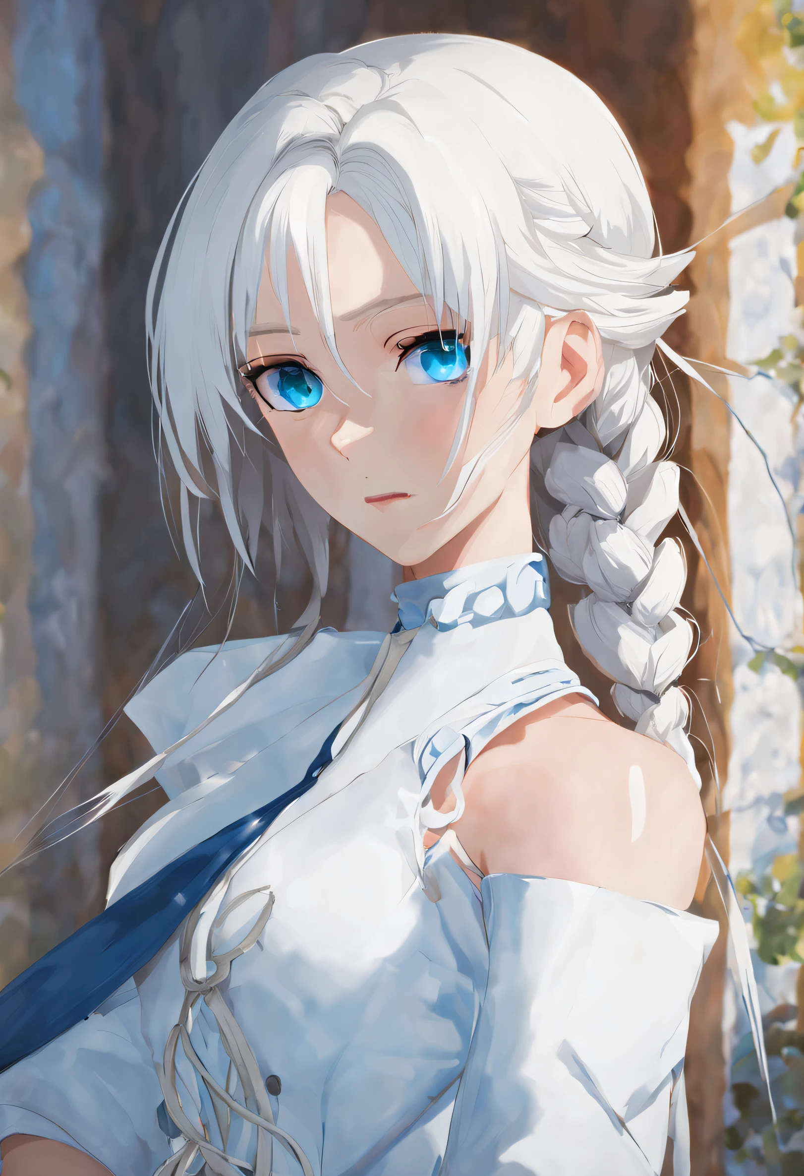 Excellent, masterpiece, white hair, blue eyes, white clothes, upper body, hair, fair skin, side braids, best quality