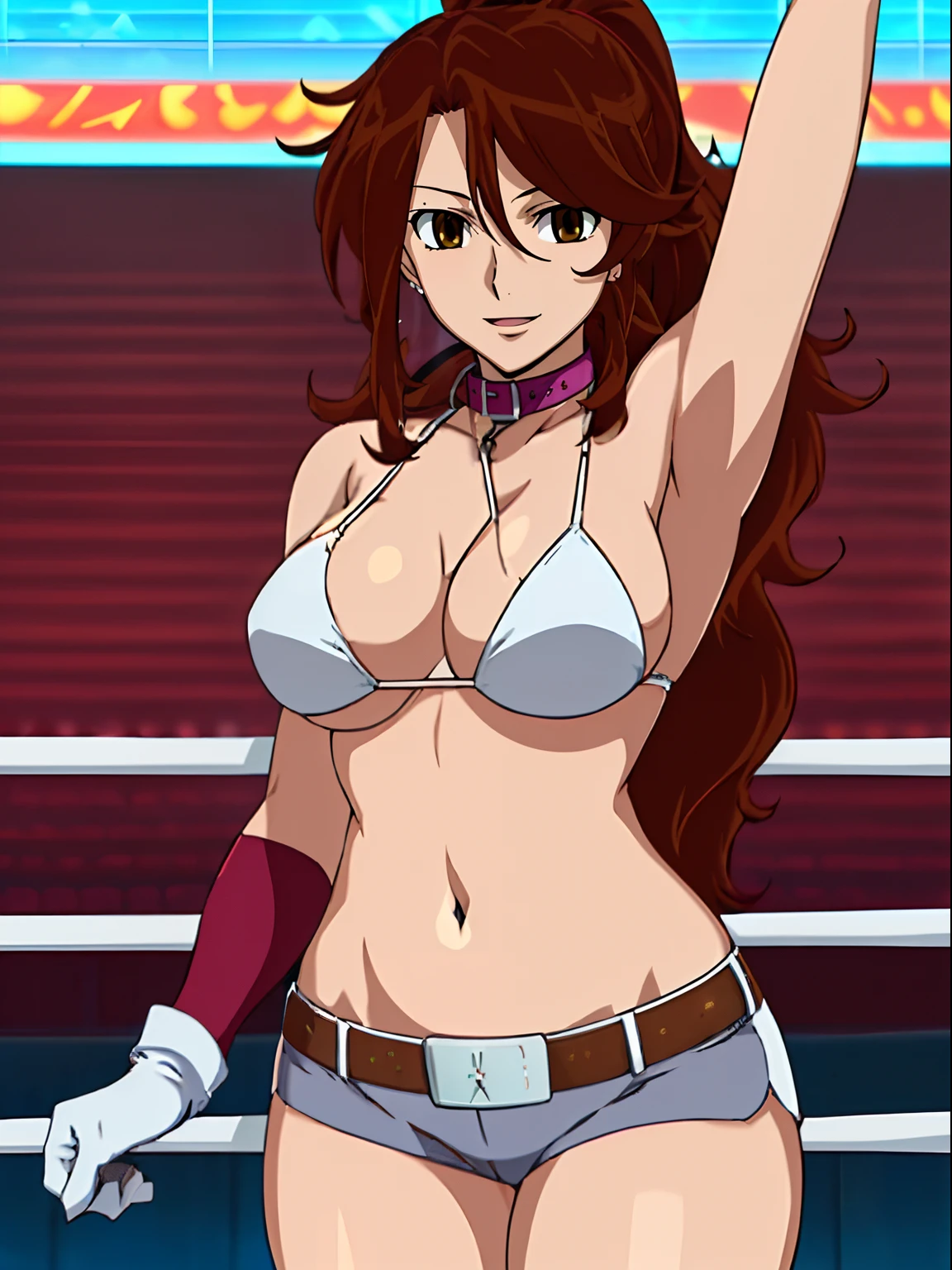 crossed arms, epic art, nice body, , anime style: 1.8, anime drawing, ultra detailed face, ultra detailed body, , 4k, Sumergai Lee Noriega, (standing), best quality, anime style, hires, highest definition, digital blending, bold drawing lines, ((slim waist, female wrestler), (location: wrestling arena, crowds watching), ( (fit girl), athletic, (thick neck), little biceps, thighs, off-shoulders, (curvy: 6.8), lighting, spot lights, very shiny skin), ((string bikini, shorts, groin, , white gloves, collar, belt)), victorious, winner, , (very big round breasts, smile, open mouth), (big eyes, brown eyes), (laughing), (brown hair, (long ponytail), dynamic hair, curly hair, smile, hair, missy hair), 27 years old, (titling head)