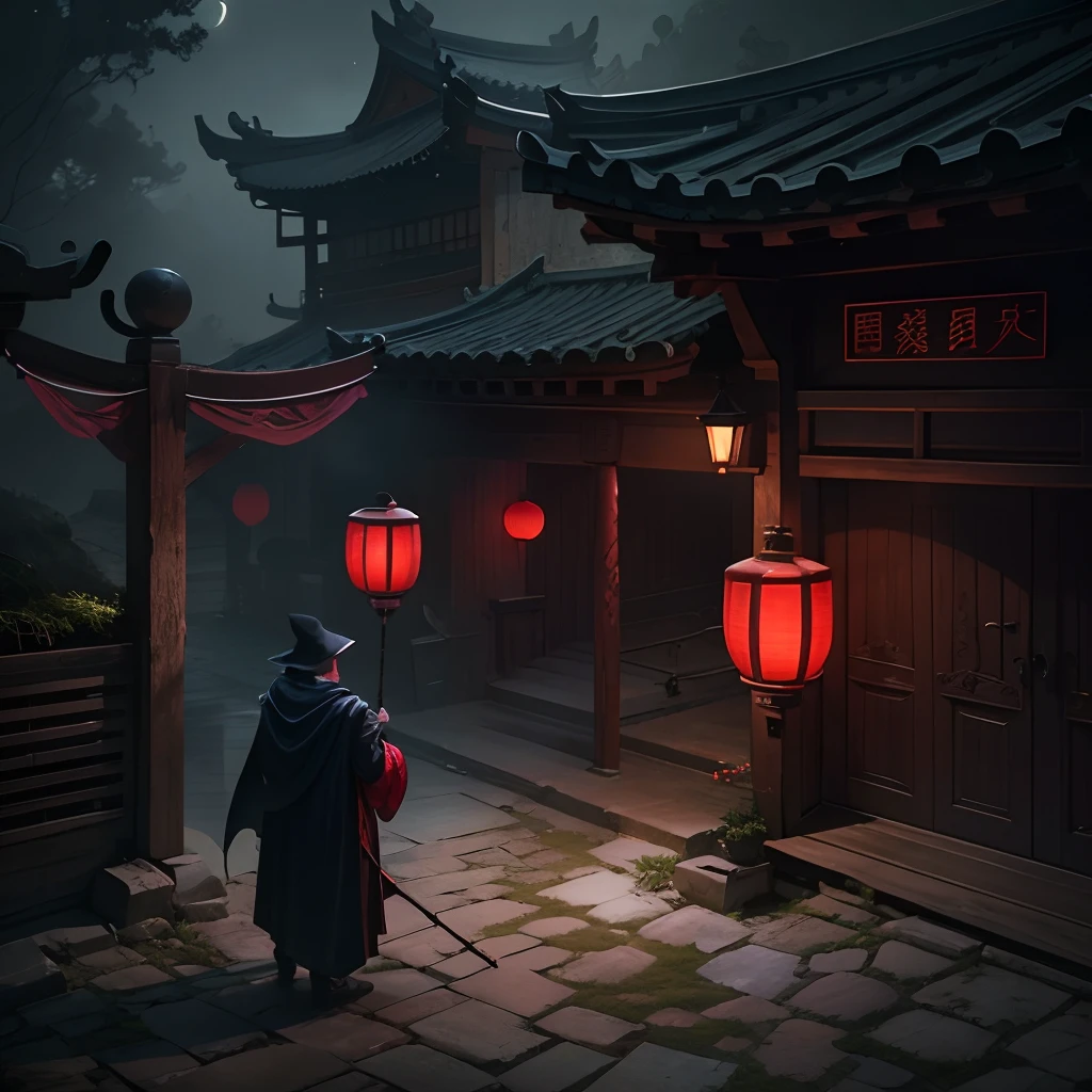 nigth,Night,Faint moonlight,Chinese courtyard entrance,wood door,Stone walls,Two big red lanterns hang at the door,A man in a black cloak,Wear a cape on his head,Holding a nine-ring tin staff,a black cloak,super-fine,super high image quality,Cinematic lighting effects,超高分辨率