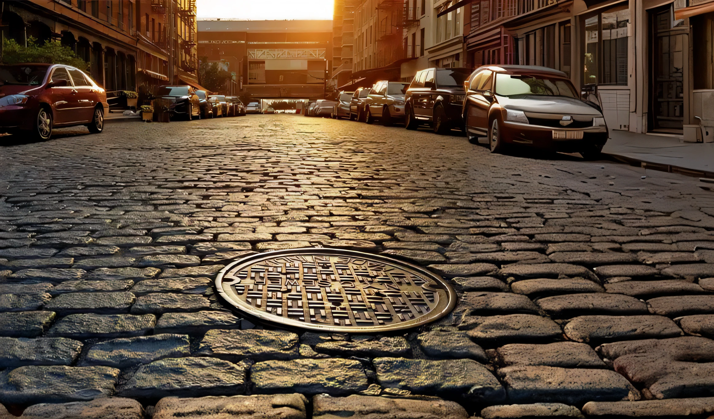 arafed view of a street with a manhole on the ground, detailed street, cobblestone street, streets of new york, street of new york, cobblestone streets, in an urban setting, cobblestone roads, cobblestones, cobblestone road, street perspective, hd photography street, at a city street, new york back street, cobblestone